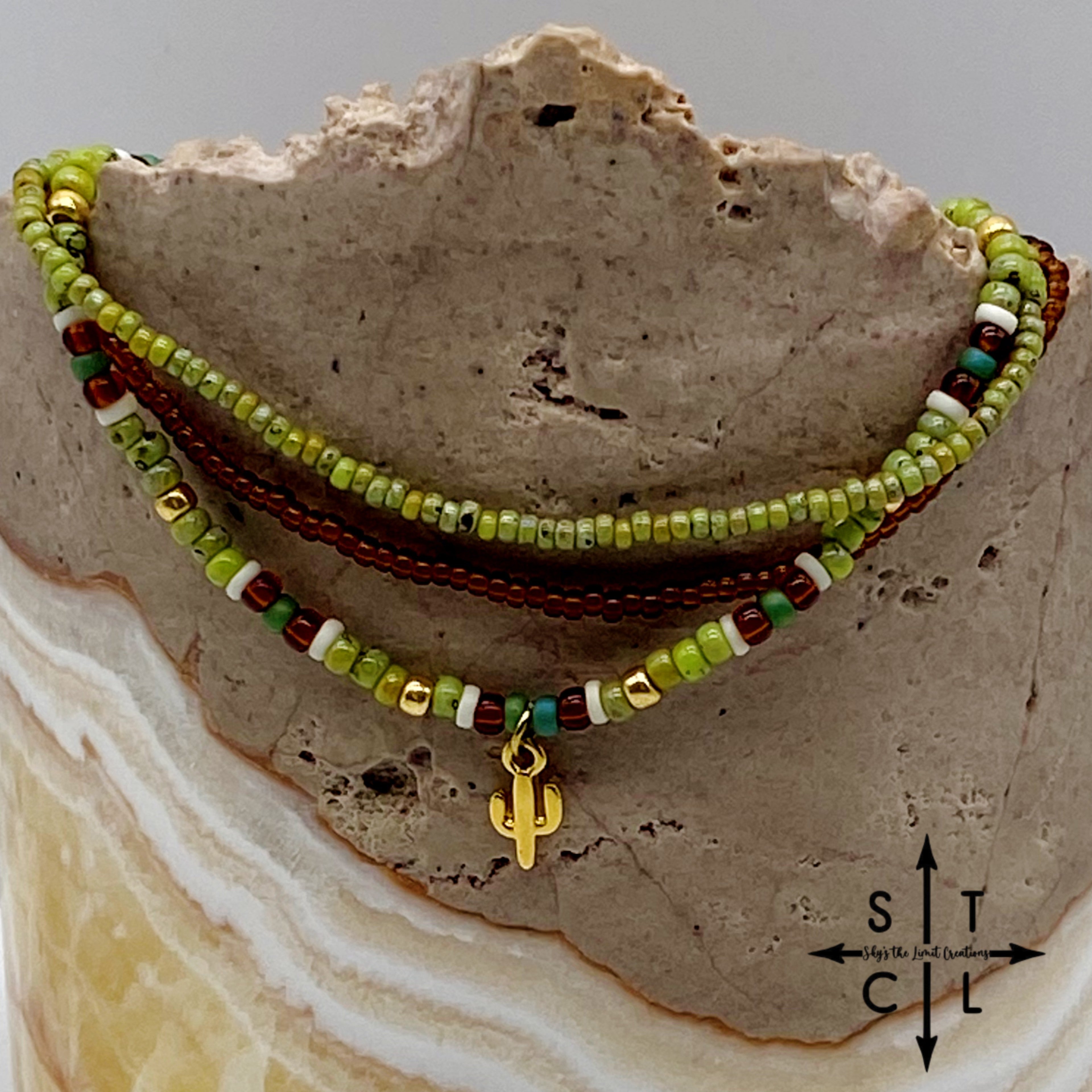 Picasso Green Brown Dark Turquoise White Gold Stretchy Anklet