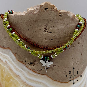 Picasso Green Brown Dark Turquoise White Silver Stretchy Anklet