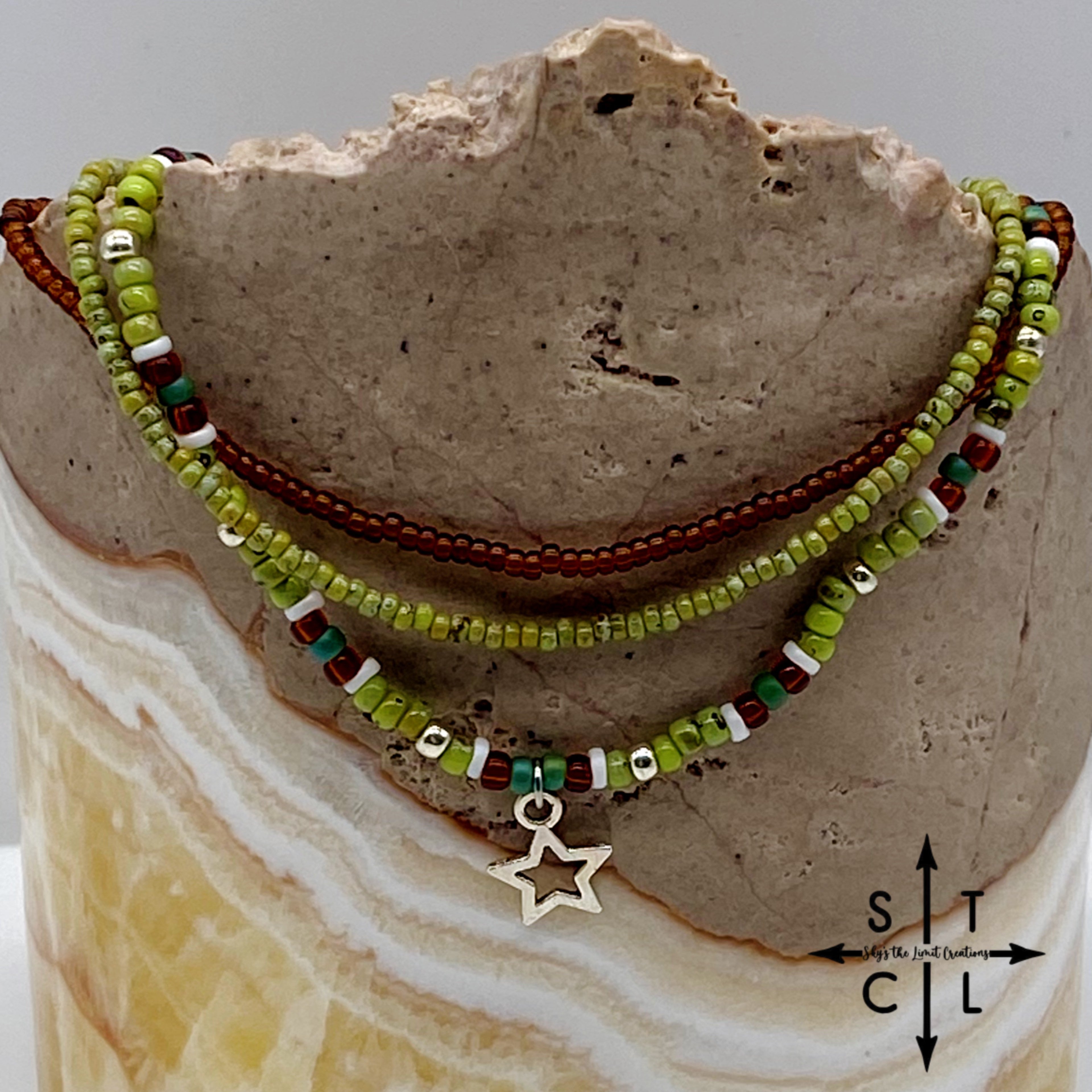 Picasso Green Brown Dark Turquoise White Silver Stretchy Anklet