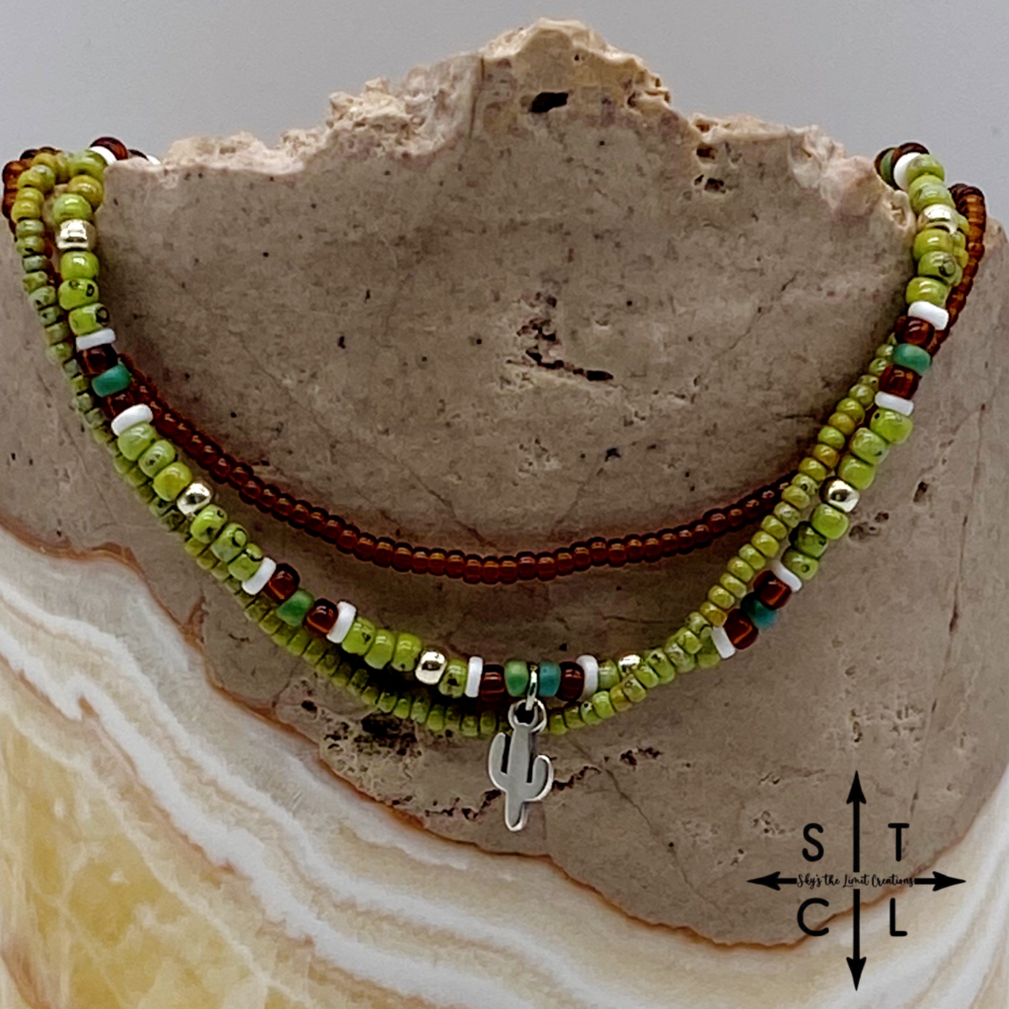 Picasso Green Brown Dark Turquoise White Silver Stretchy Anklet