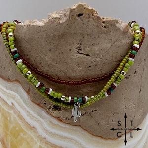 Picasso Green Brown Dark Turquoise White Silver Stretchy Anklet
