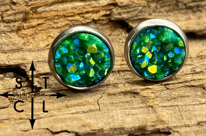 Green Druzy 8mm Earrings