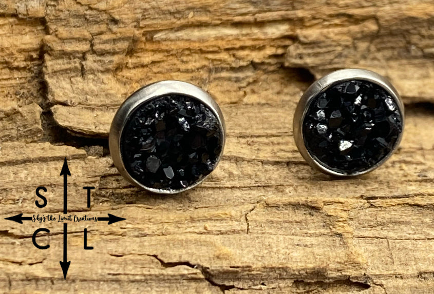 Black Druzy 8mm Earrings