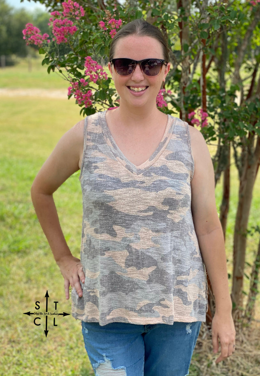 Camo Print V-Neck Split Hems Sleeveless Knit Top