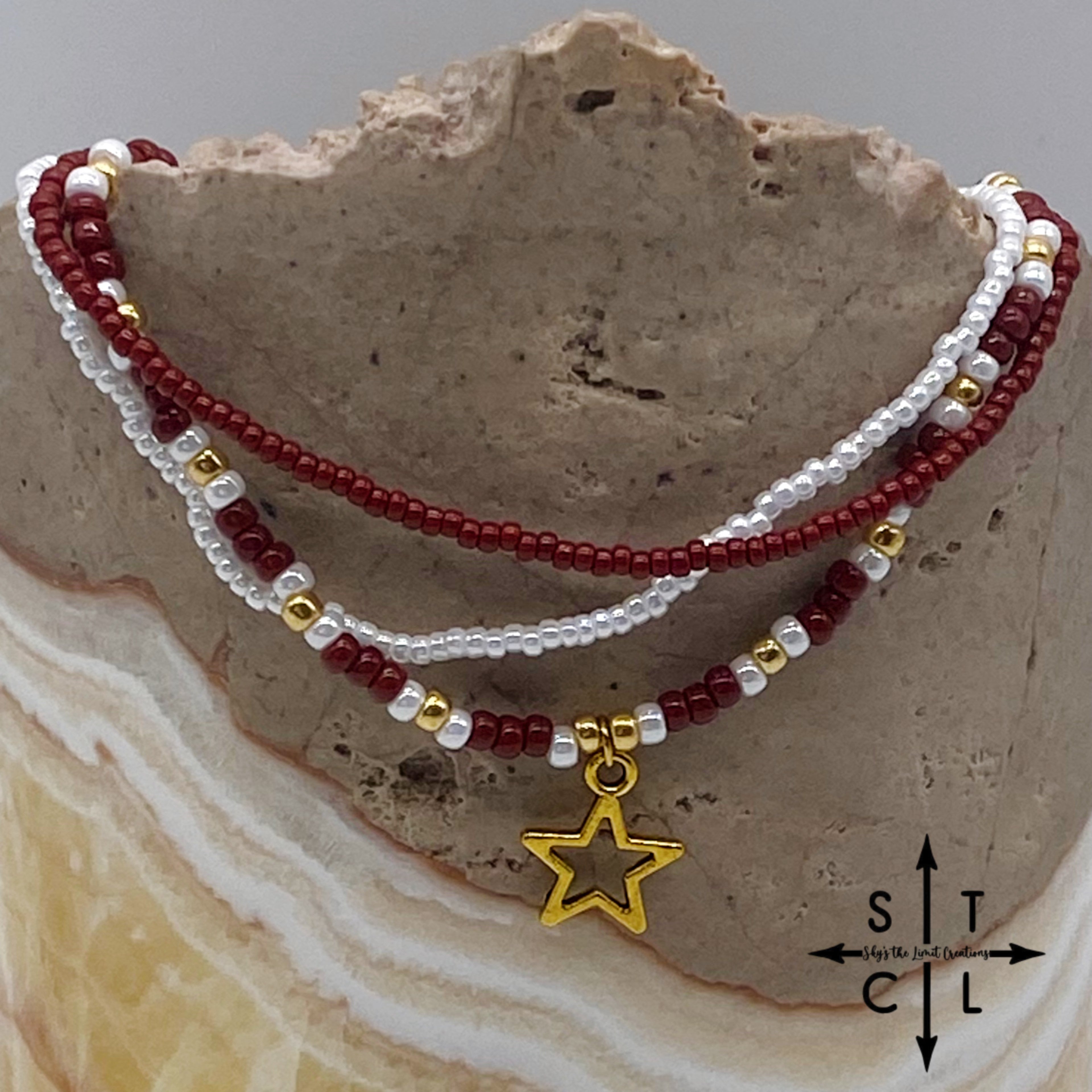 Maroon White Gold Or Silver Star Stretchy Anklet