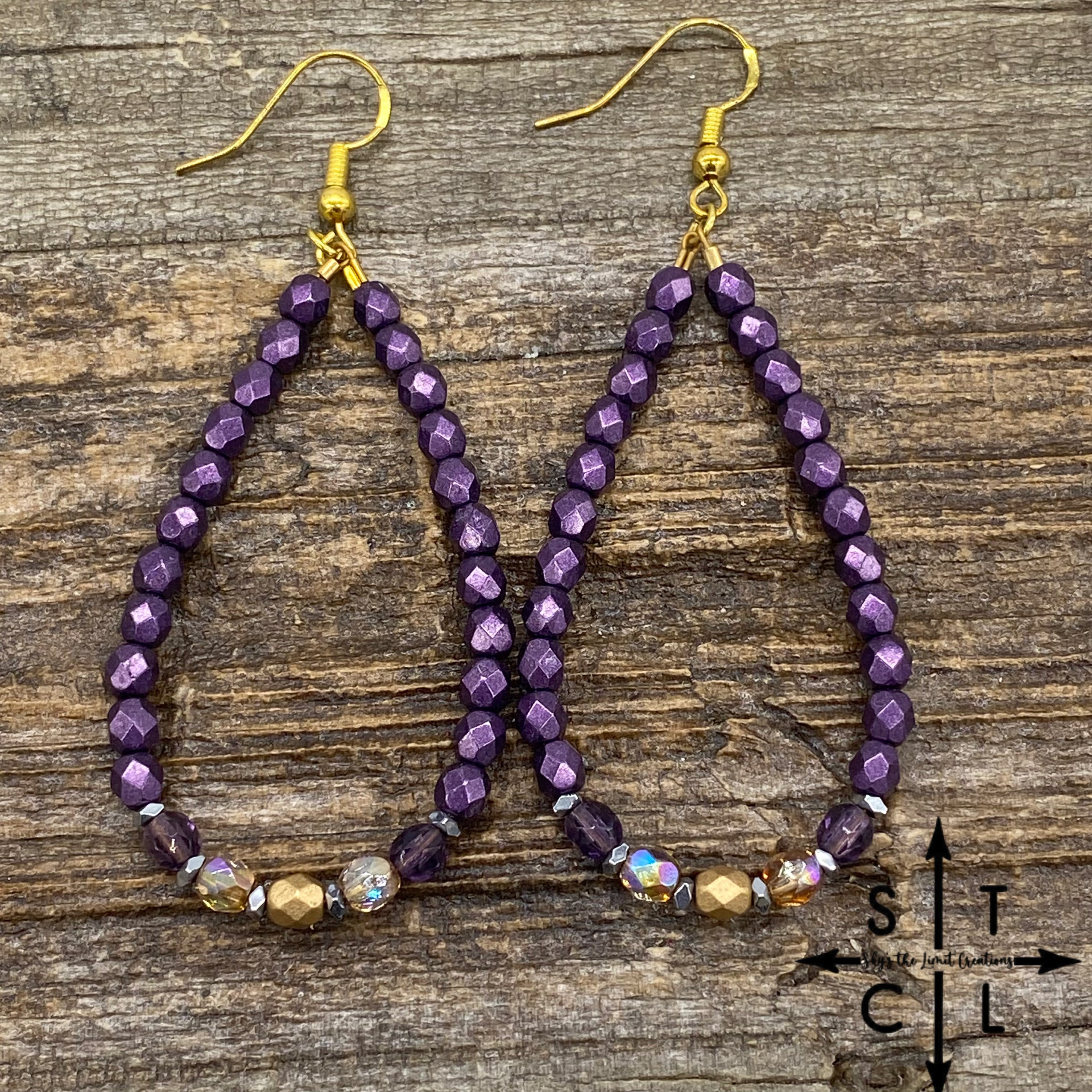 Crystal Teardrop Purple Gold Earrings