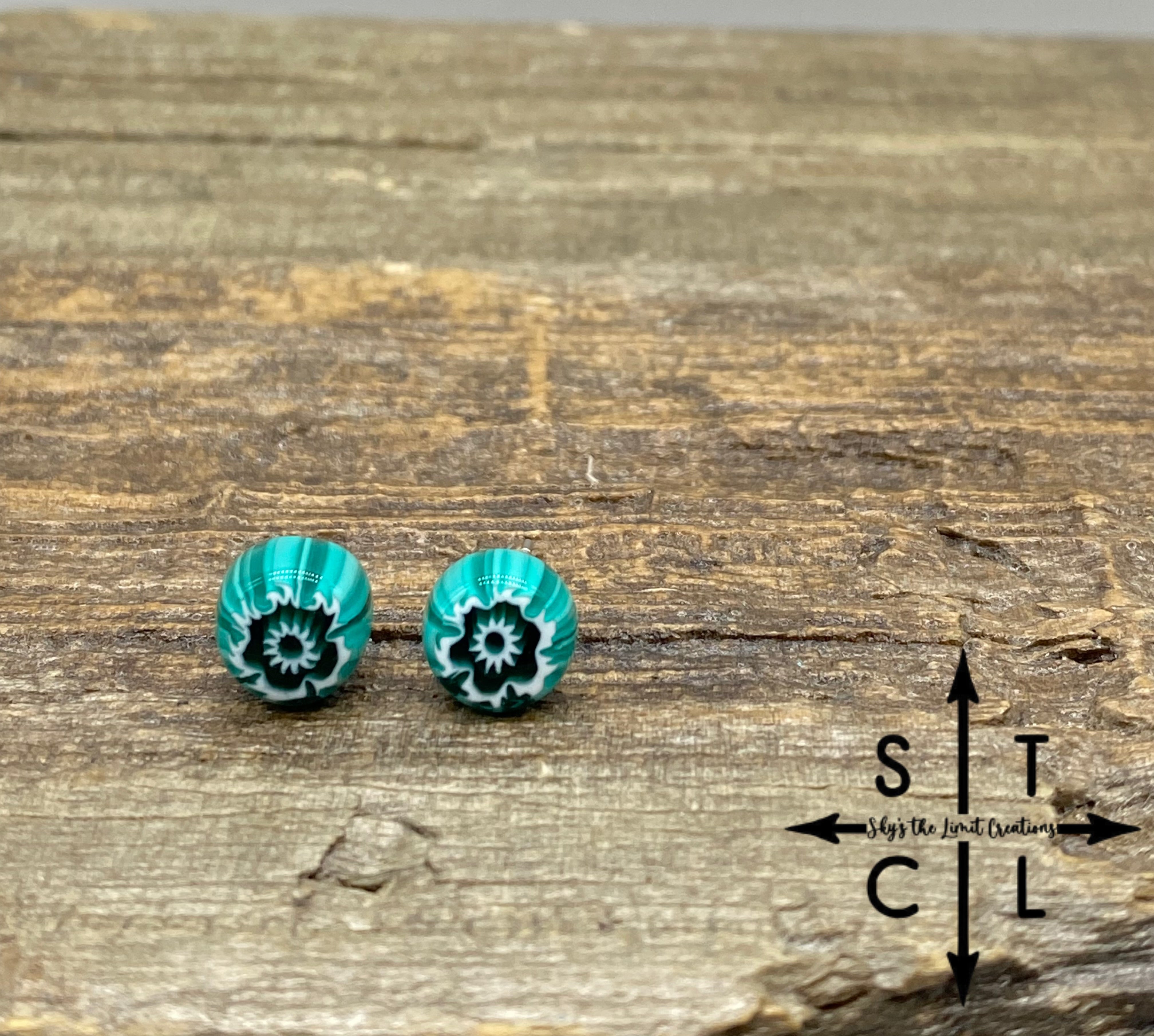 Turquoise With White Outlined Flower Murano Glass Stud Earrings