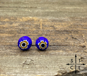 Blue With White Yellow Flower Murano Glass Studs