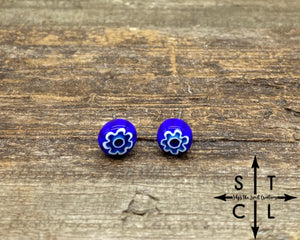 Blue Outlined White Flower Murano Glass Stud Earrings