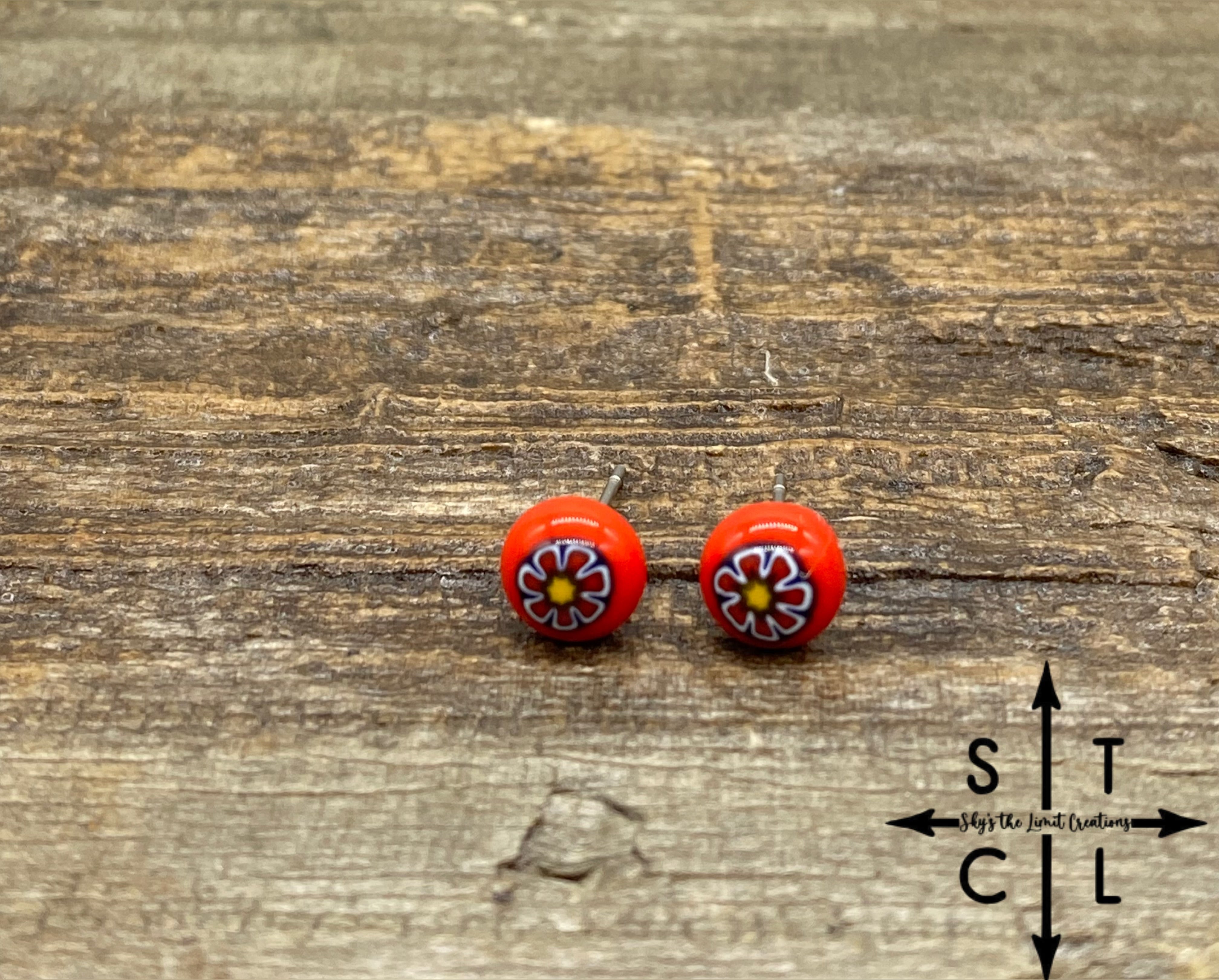 Orange With Blue Outlined Flower Murano Glass Stud Earrings