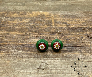 Green With Red Outlined Flower Murano Glass Earrings