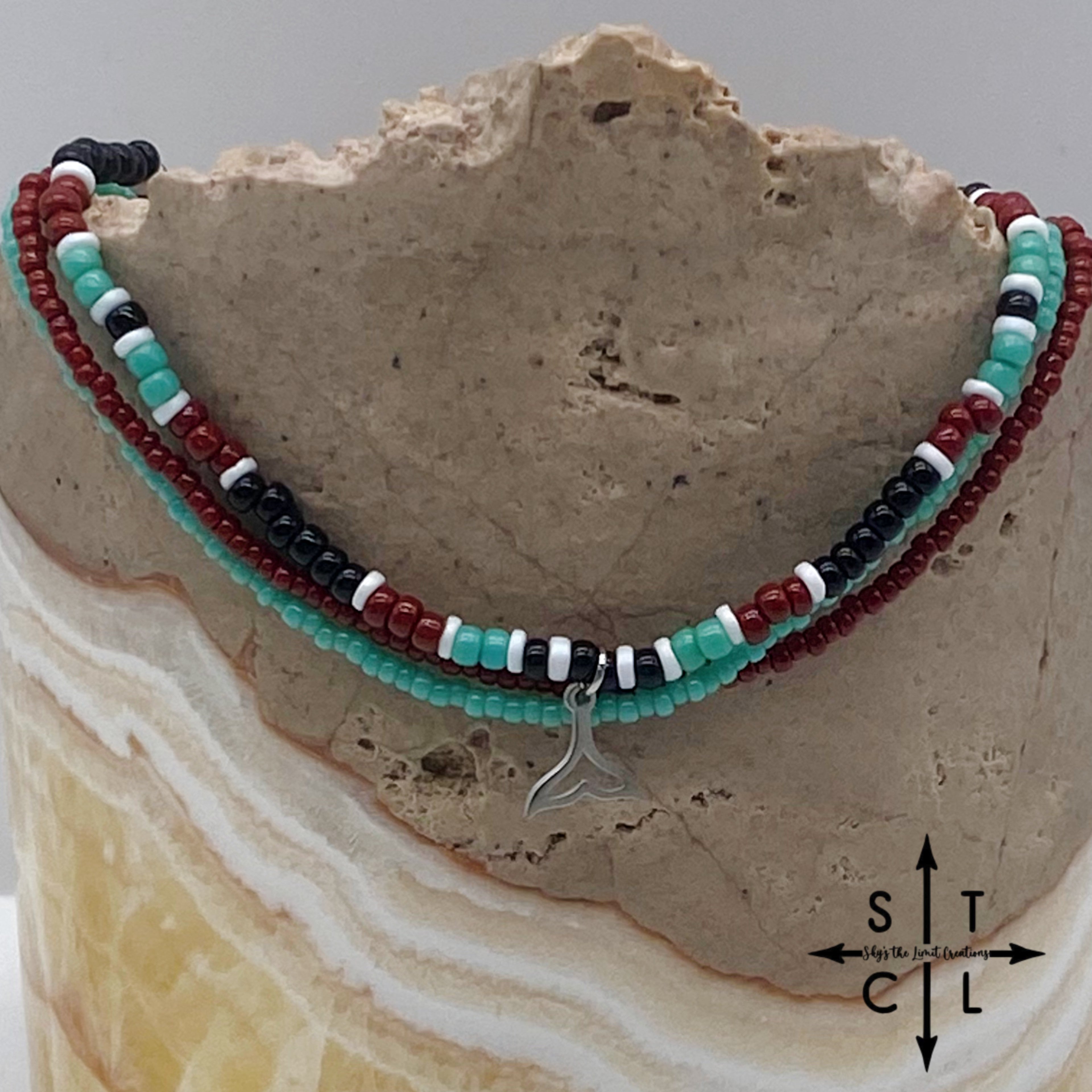 Turquoise Maroon Black White Silver Stretchy Anklet