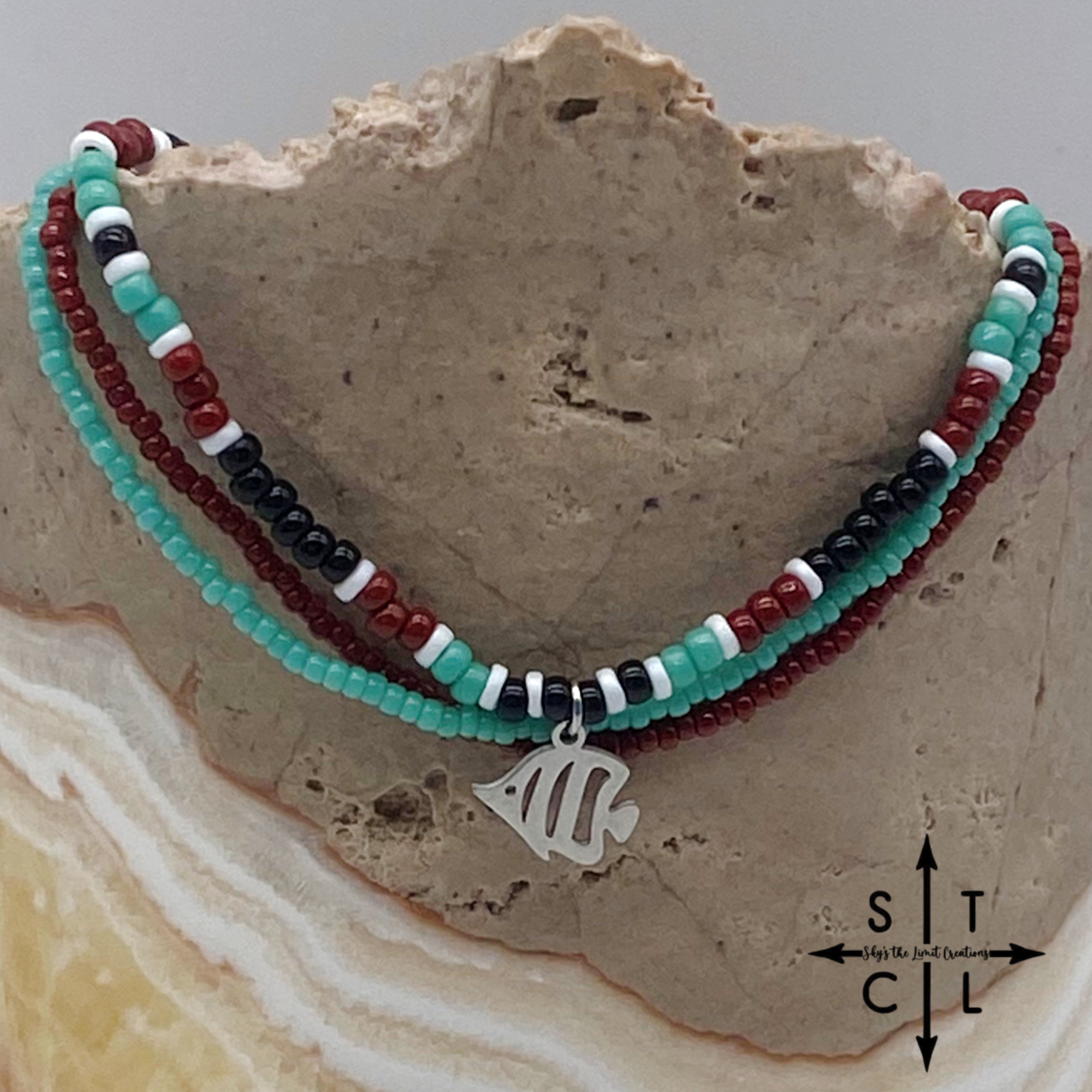 Turquoise Maroon Black White Silver Stretchy Anklet
