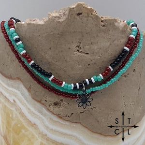 Turquoise Maroon Black White Silver Stretchy Anklet