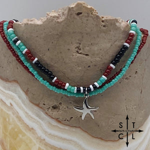 Turquoise Maroon Black White Silver Stretchy Anklet