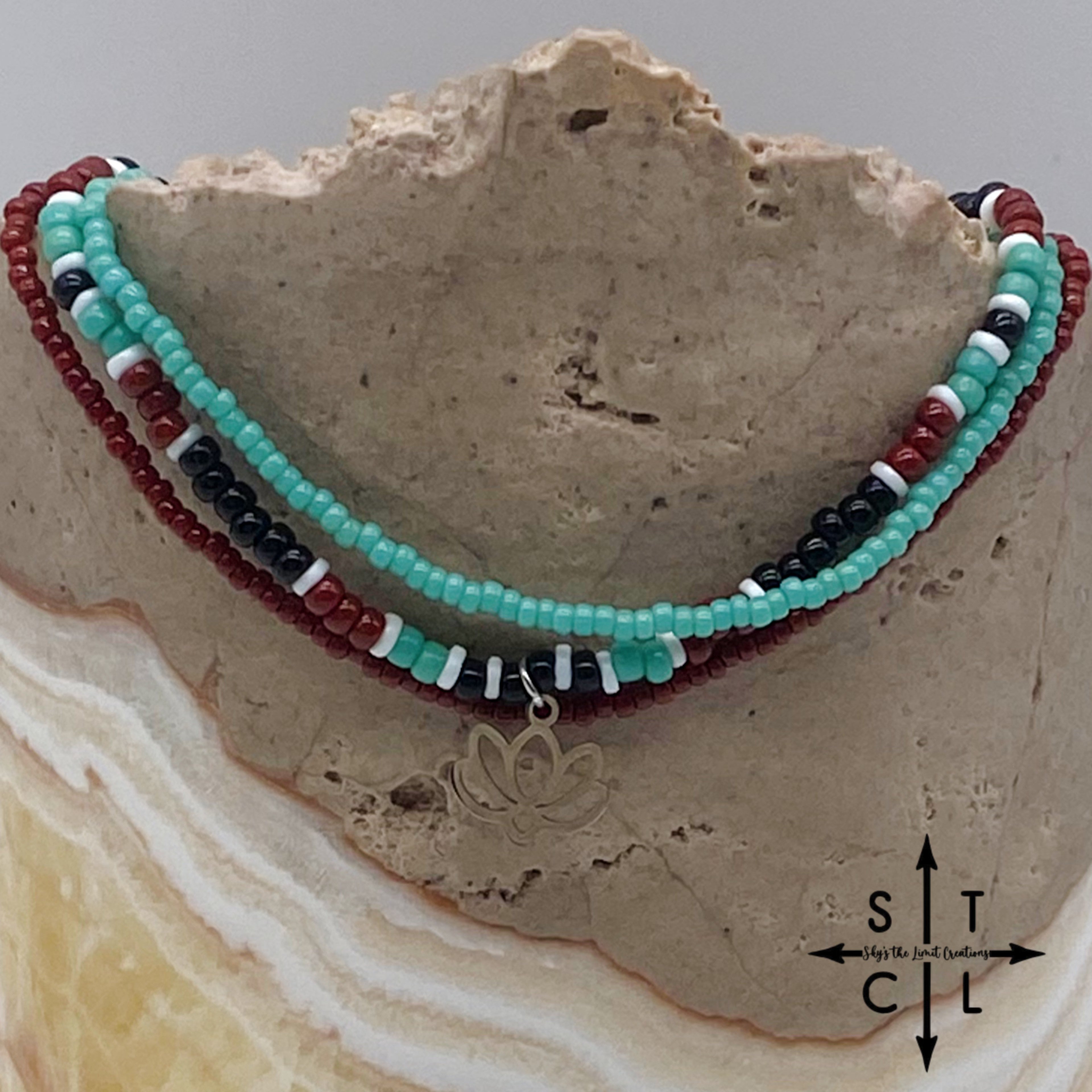 Turquoise Maroon Black White Gold Stretchy Anklet
