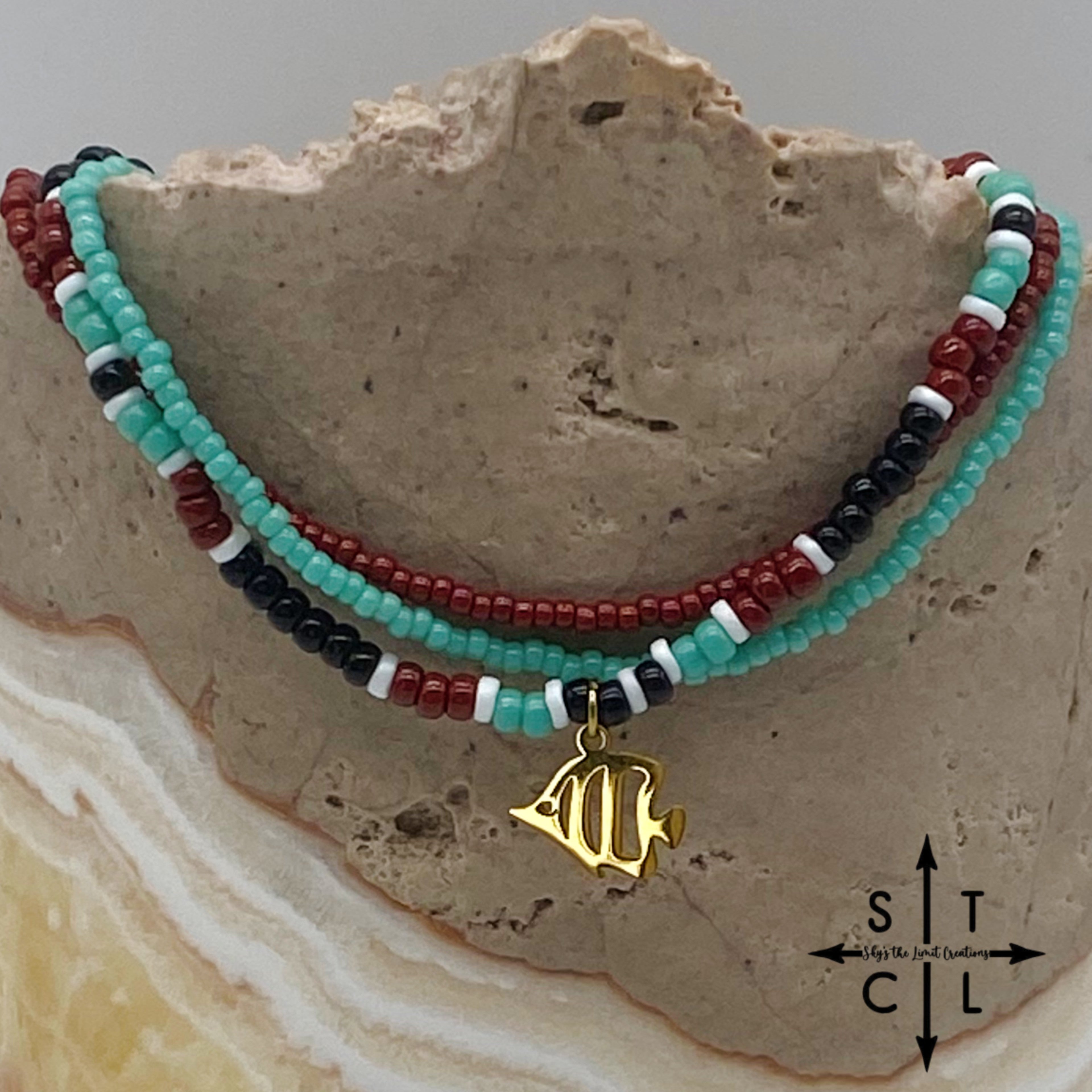 Turquoise Maroon Black White Gold Stretchy Anklet