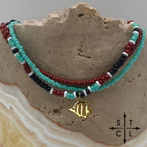 Turquoise Maroon Black White Gold Stretchy Anklet