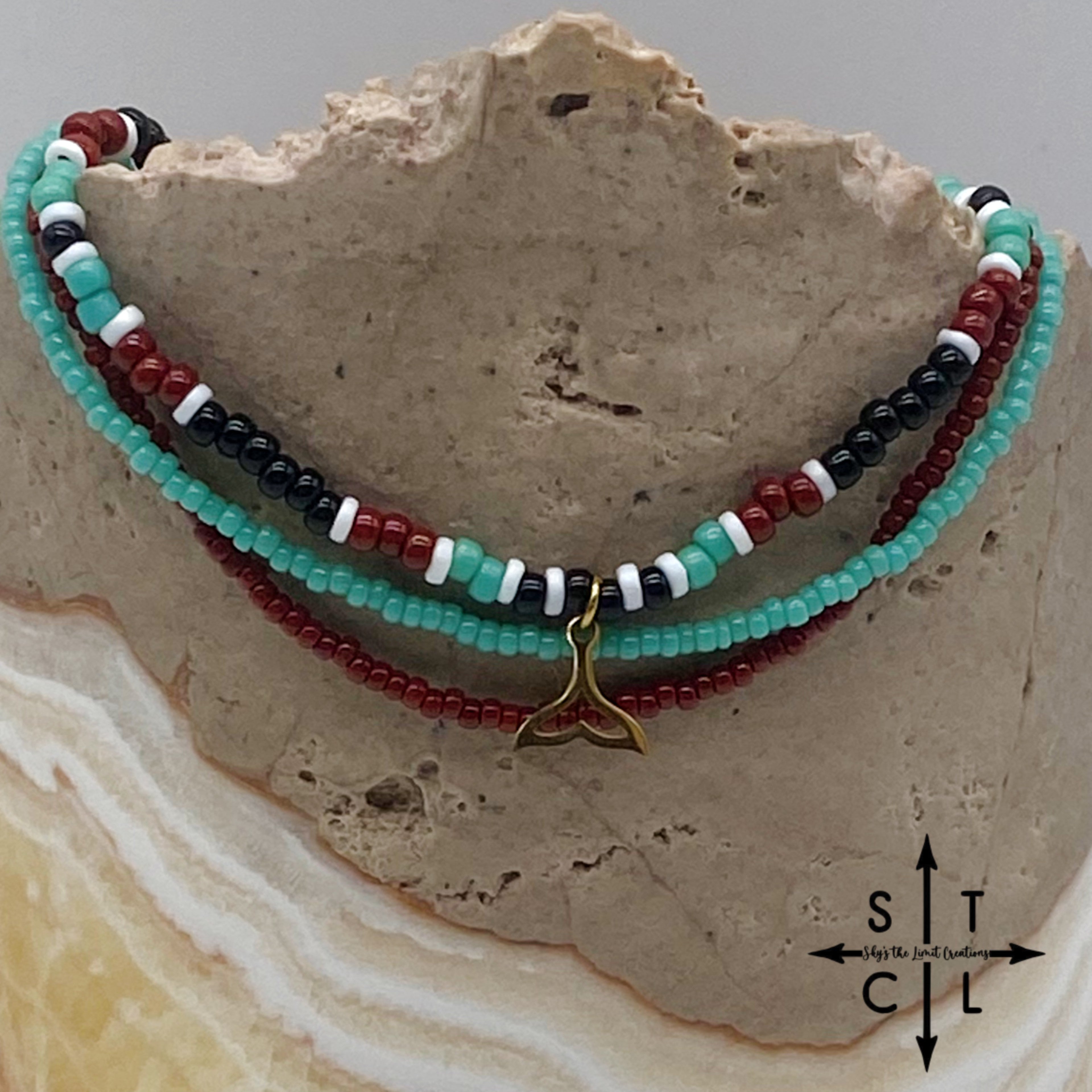 Turquoise Maroon Black White Gold Stretchy Anklet