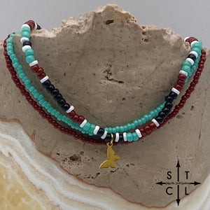 Turquoise Maroon Black White Gold Stretchy Anklet