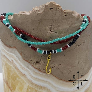 Turquoise Maroon Black White Gold Stretchy Anklet
