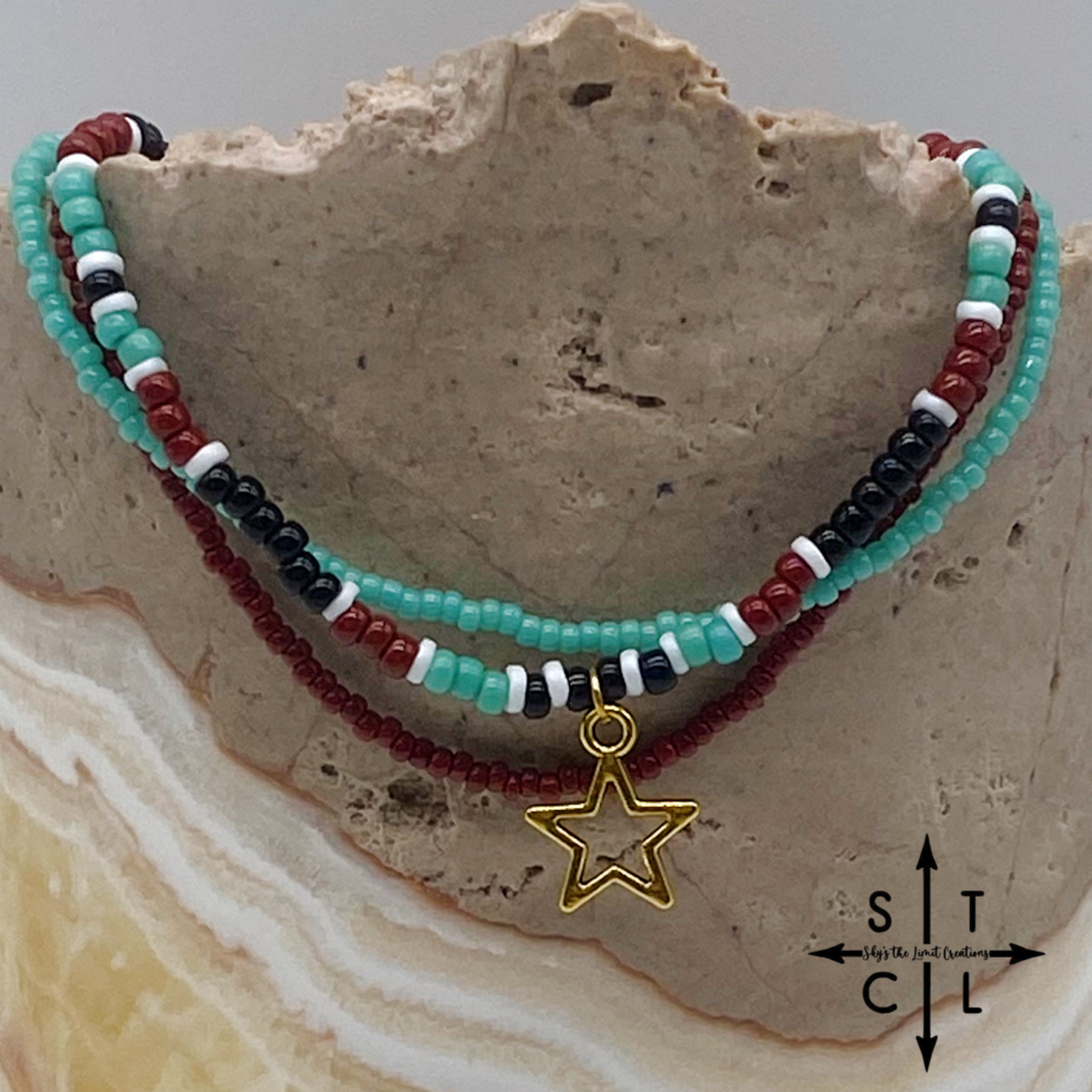 Turquoise Maroon Black White Gold Stretchy Anklet