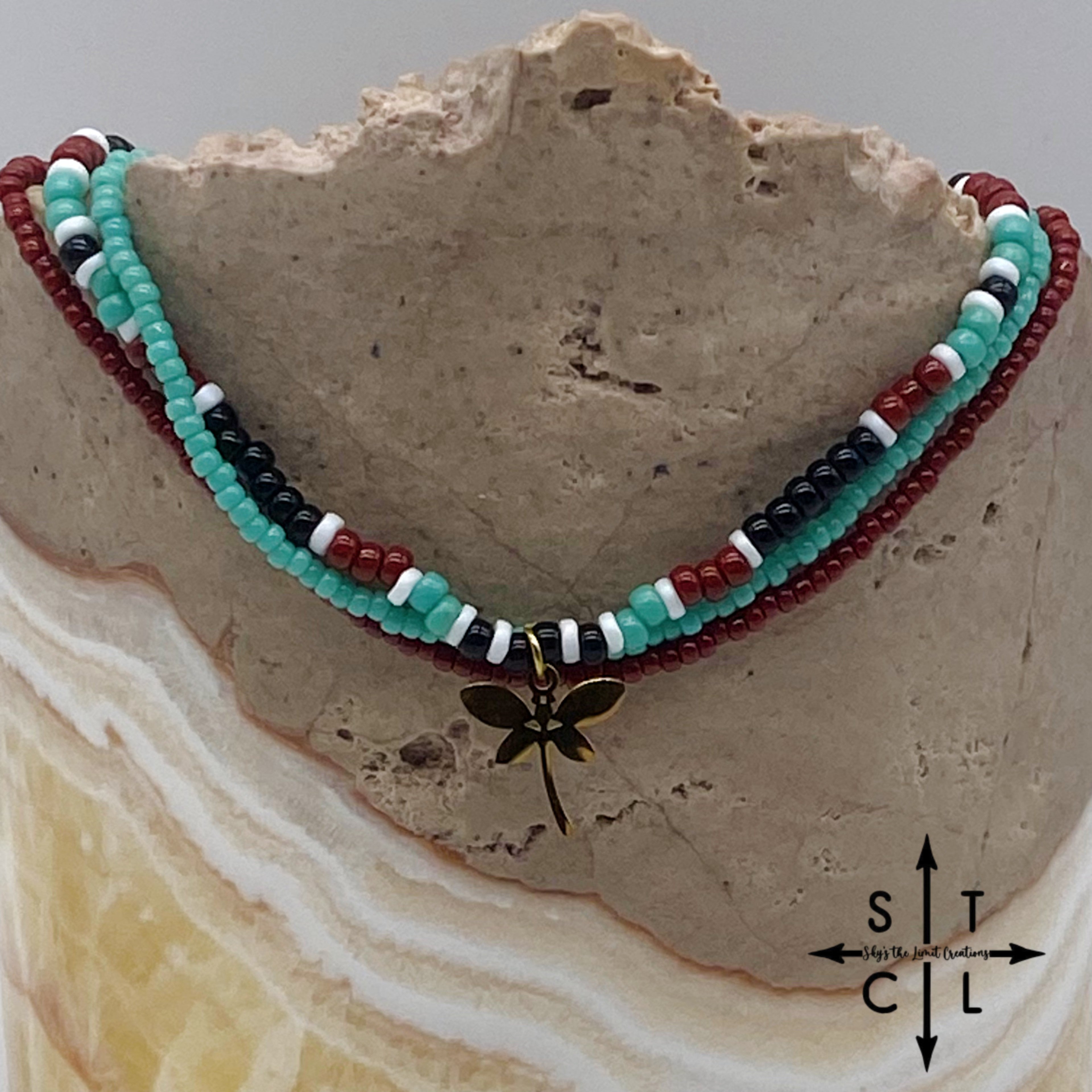Turquoise Maroon Black White Gold Stretchy Anklet