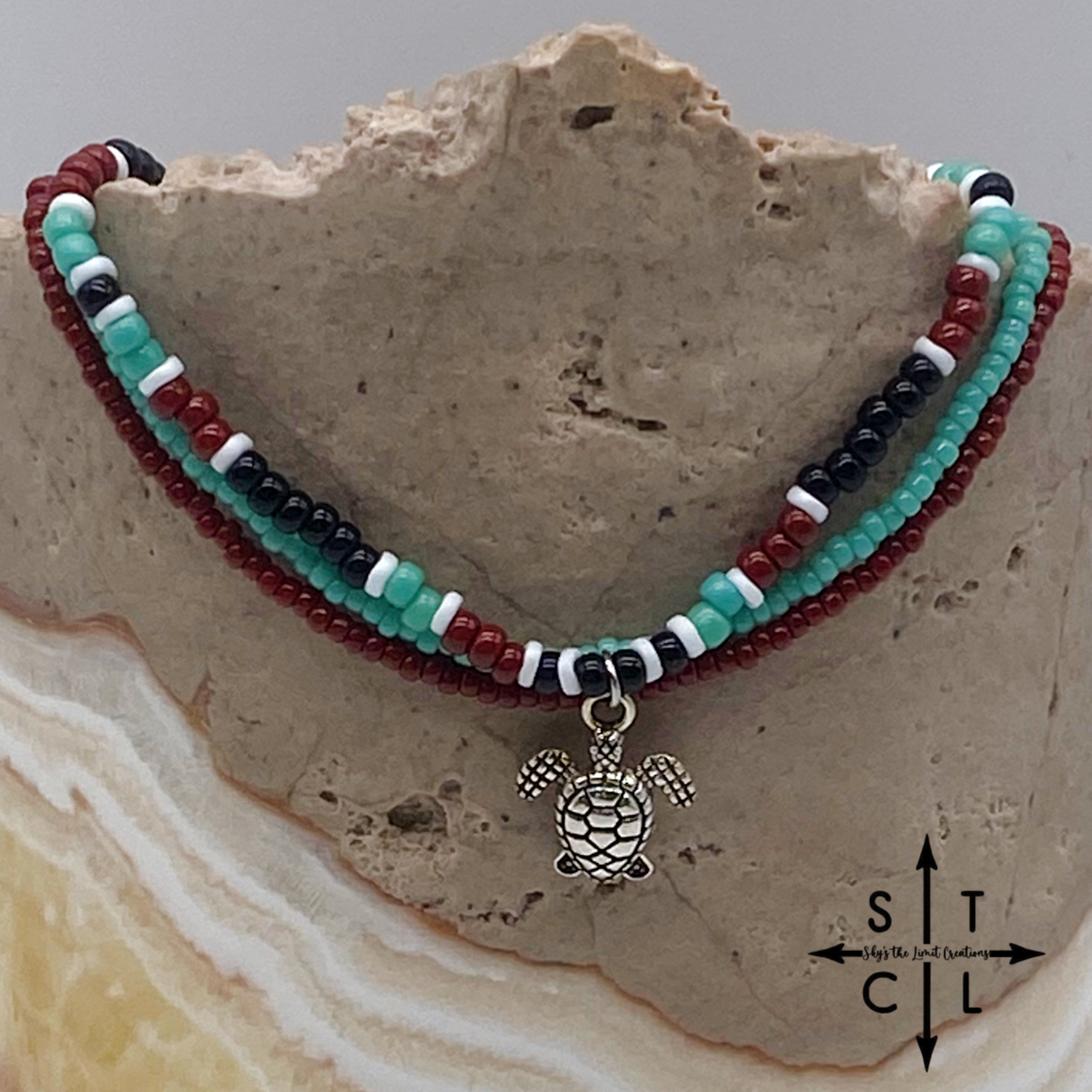 Turquoise Maroon Black White Silver Stretchy Anklet