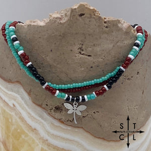 Turquoise Maroon Black White Silver Stretchy Anklet