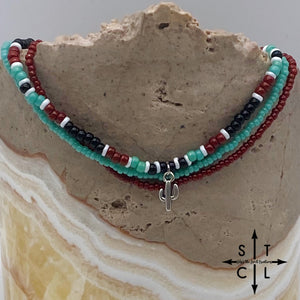 Turquoise Maroon Black White Silver Stretchy Anklet