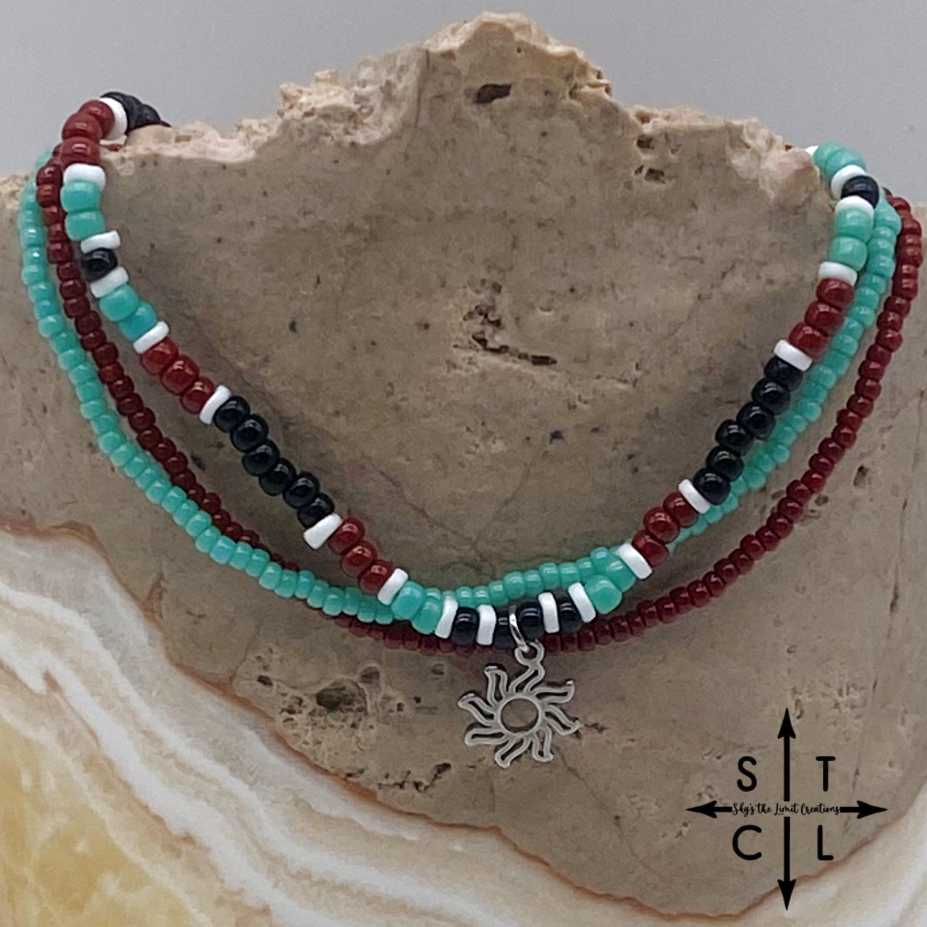 Turquoise Maroon Black White Silver Stretchy Anklet