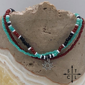 Turquoise Maroon Black White Silver Stretchy Anklet