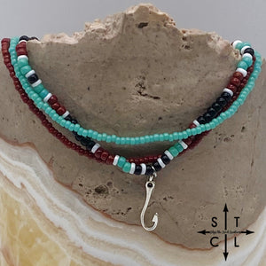 Turquoise Maroon Black White Silver Stretchy Anklet
