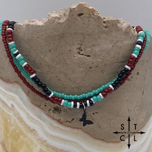 Turquoise Maroon Black White Silver Stretchy Anklet