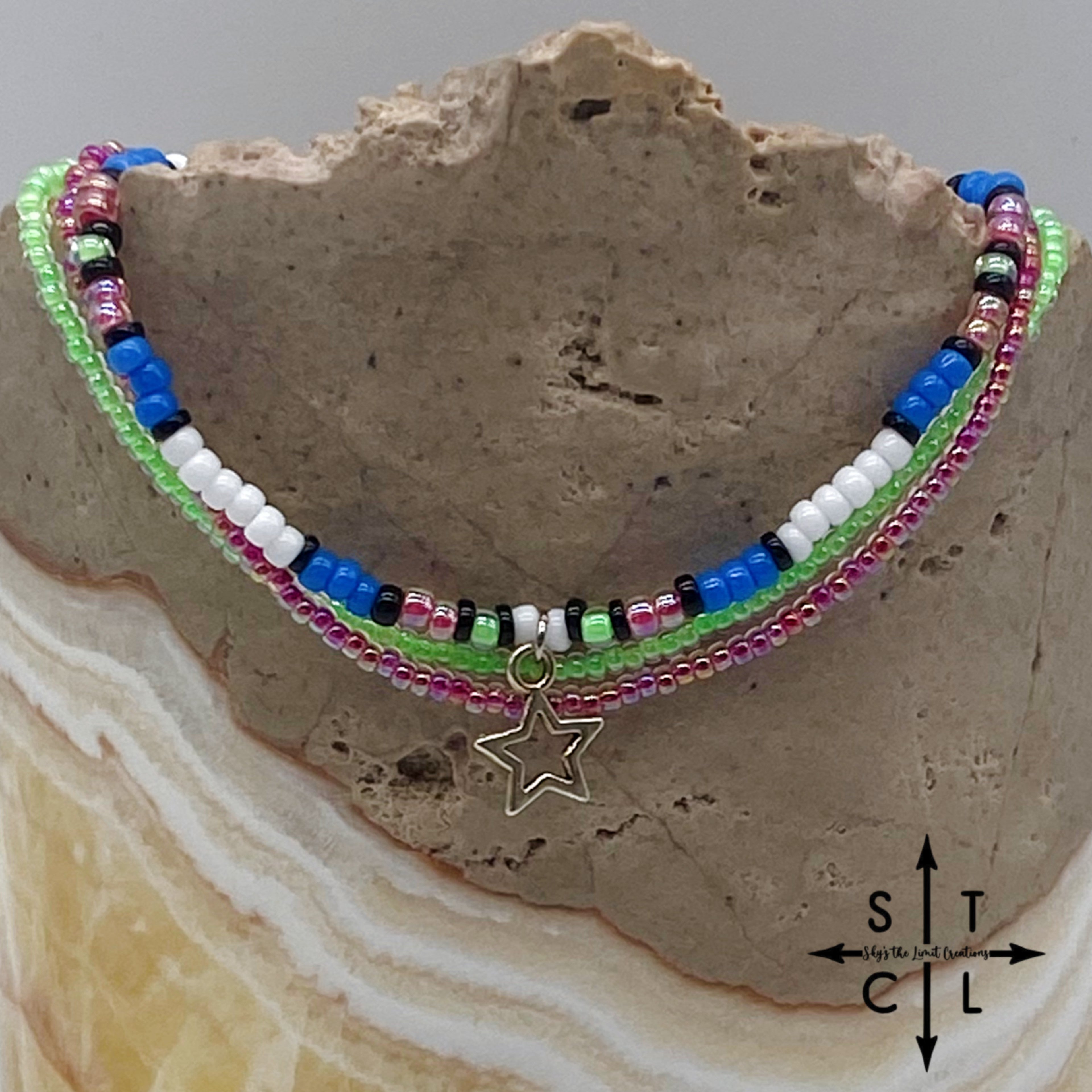 Blue Neon Green Hot Pink Black White Silver Stretchy Anklet