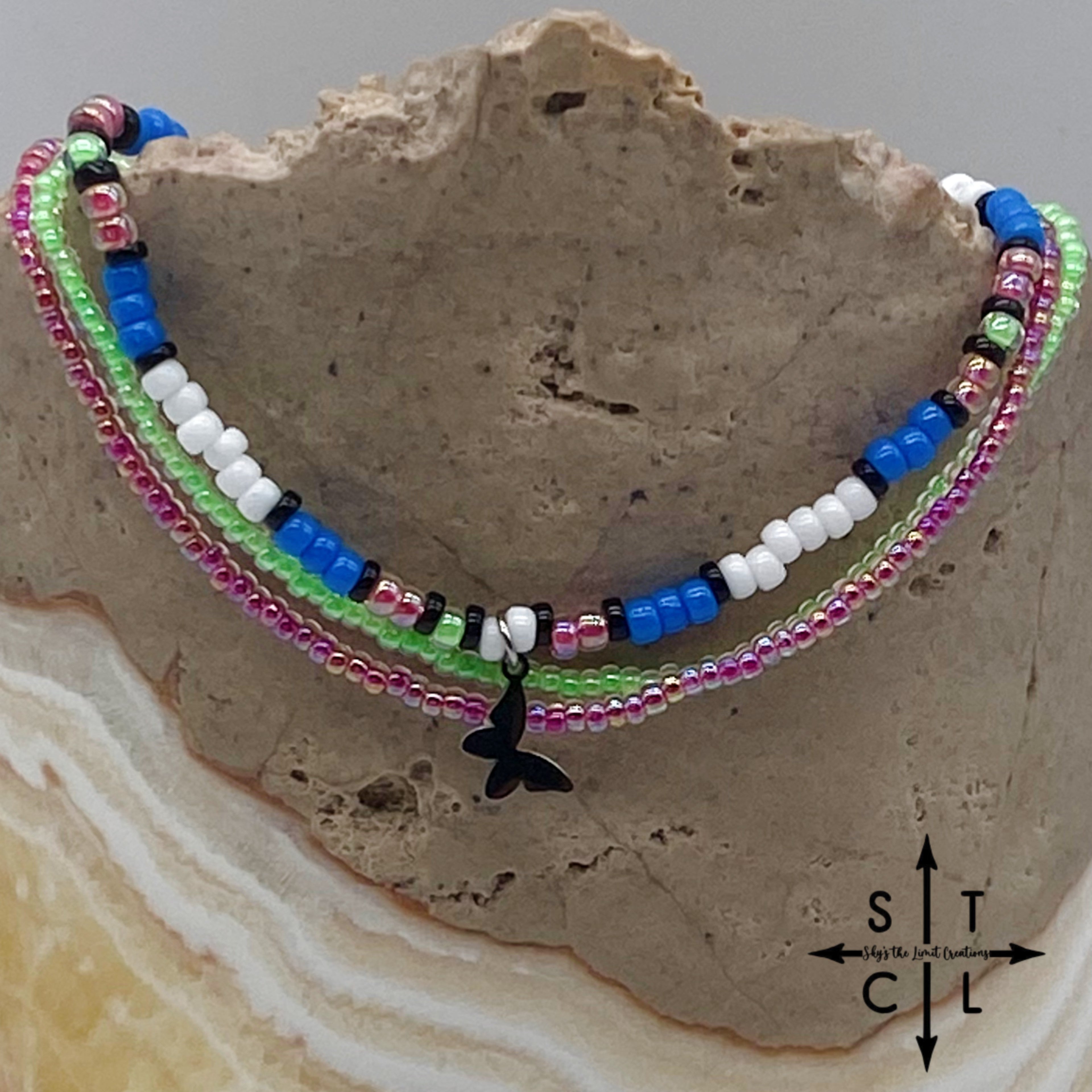 Blue Neon Green Hot Pink Black White Silver Stretchy Anklet