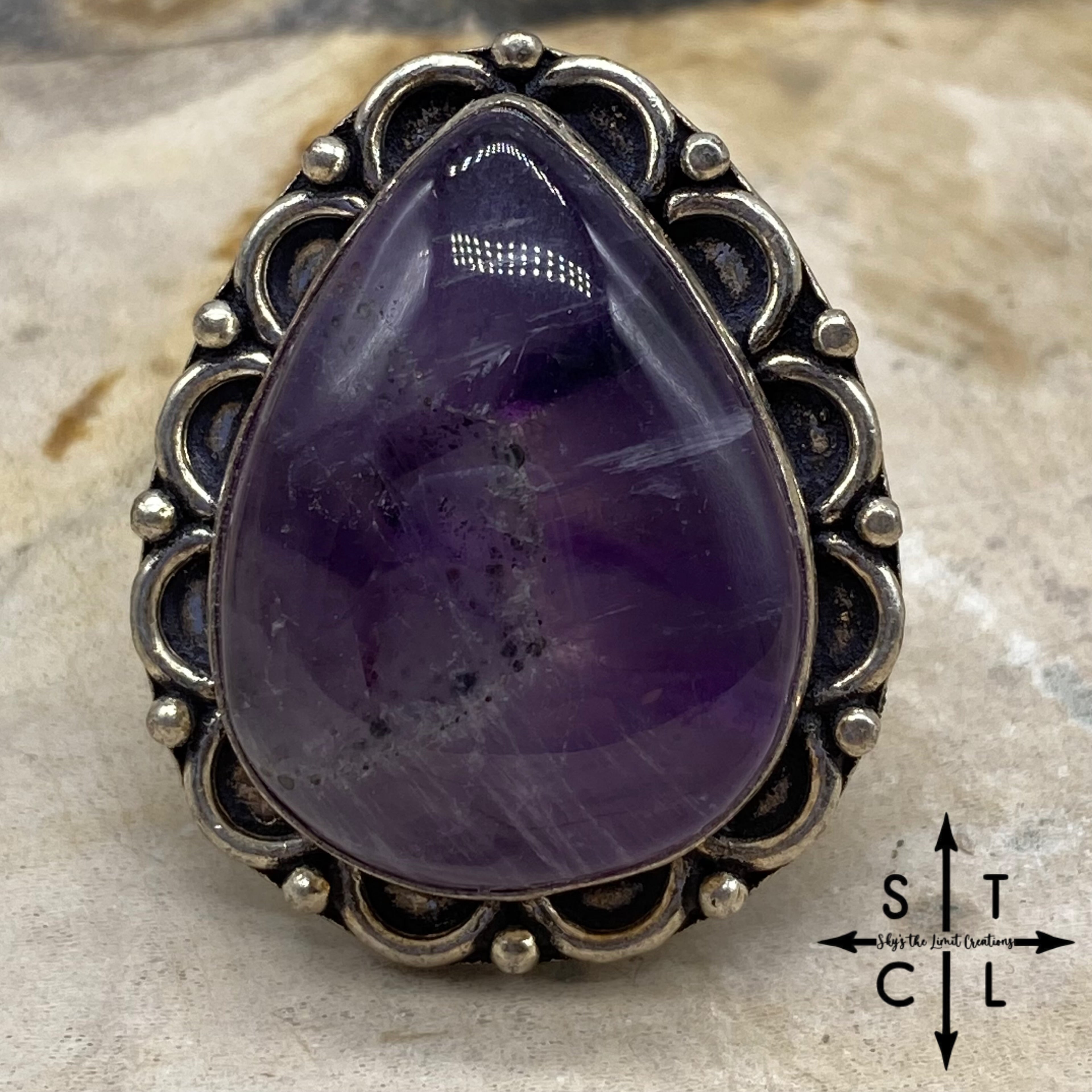 Purple Teardrop Amethyst Natural Stone Adjustable Ring