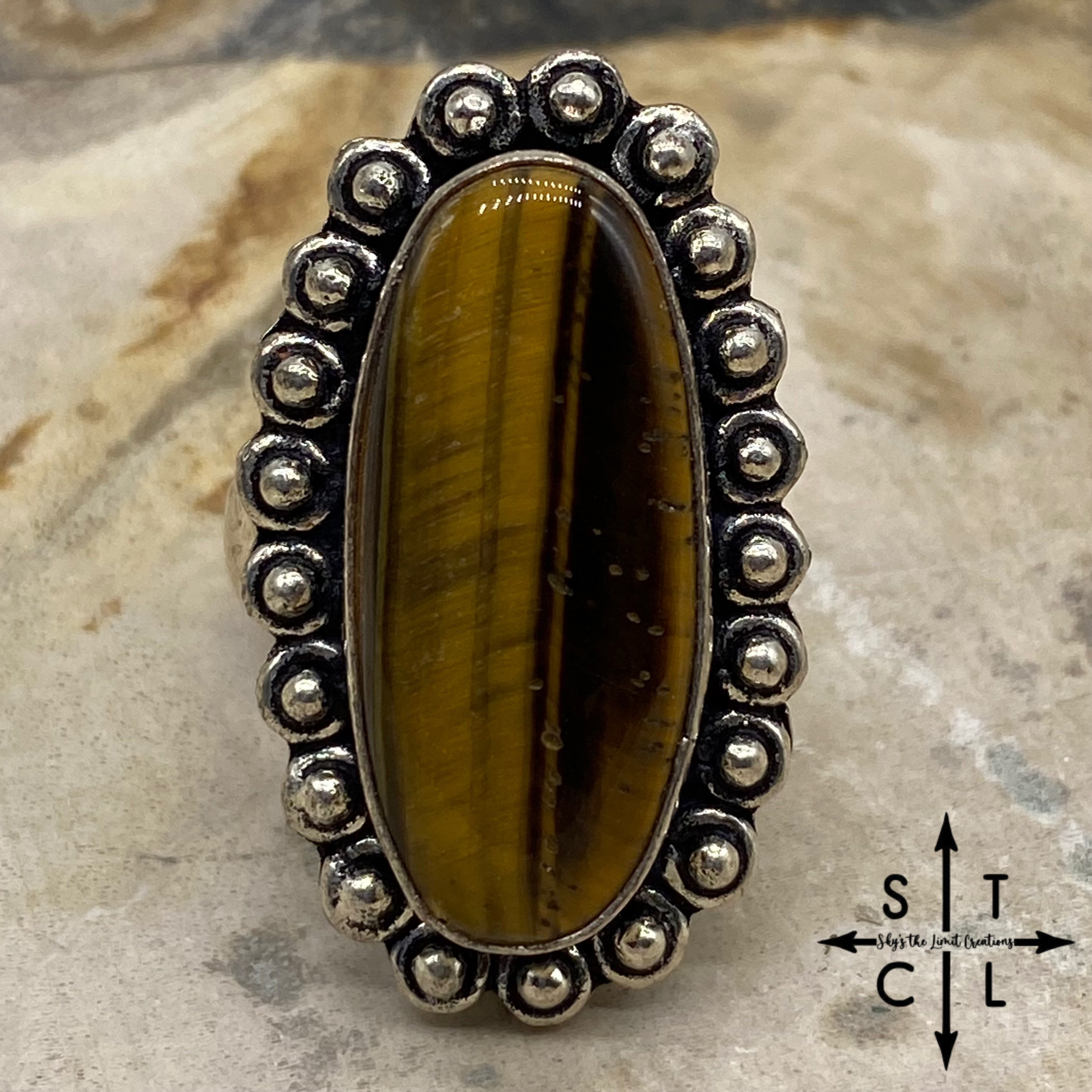 Tigers Eye Oblong Natural Stone Adjustable Ring