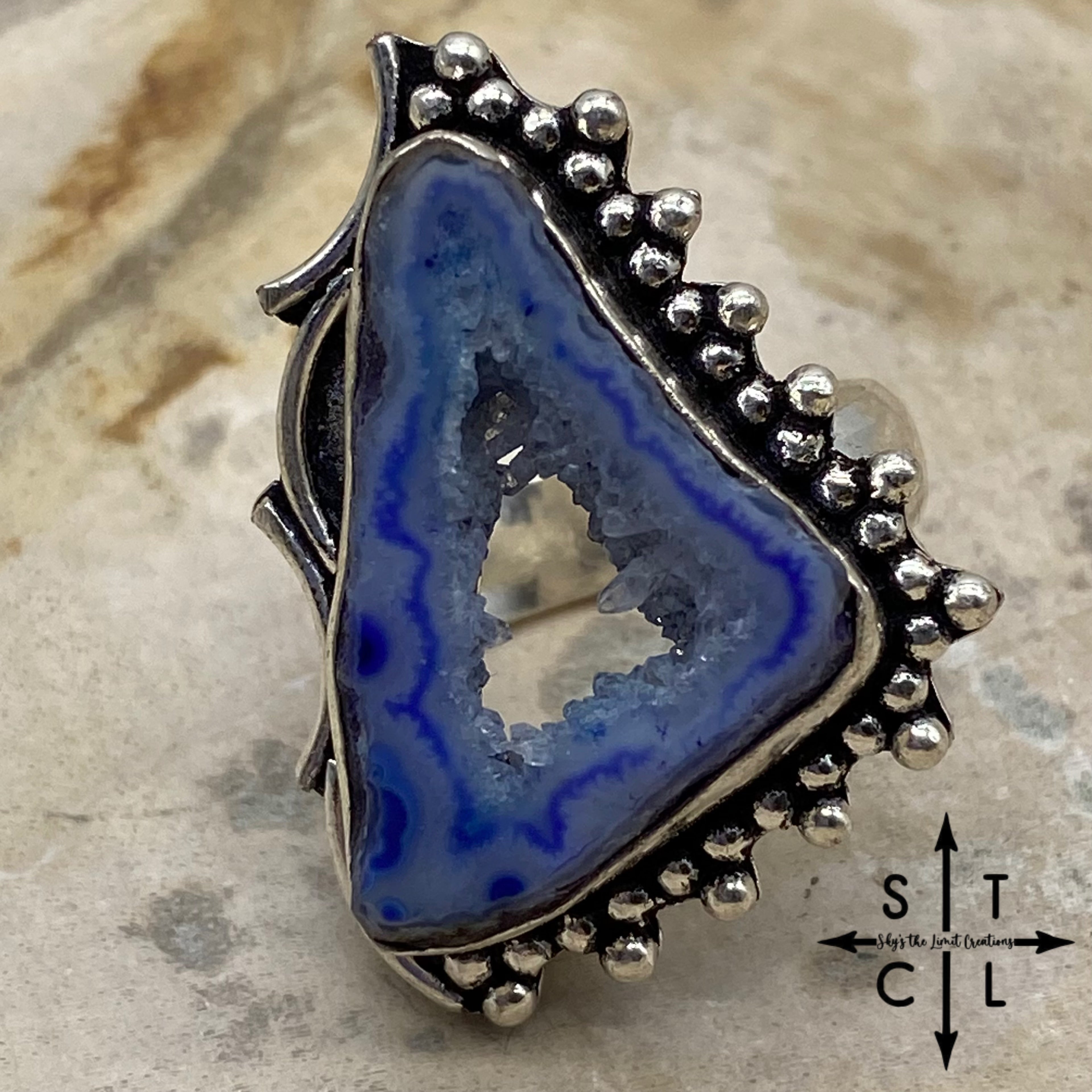 Blue Obtuse Triangle Agate Druzy Natural Stone Adjustable Ring