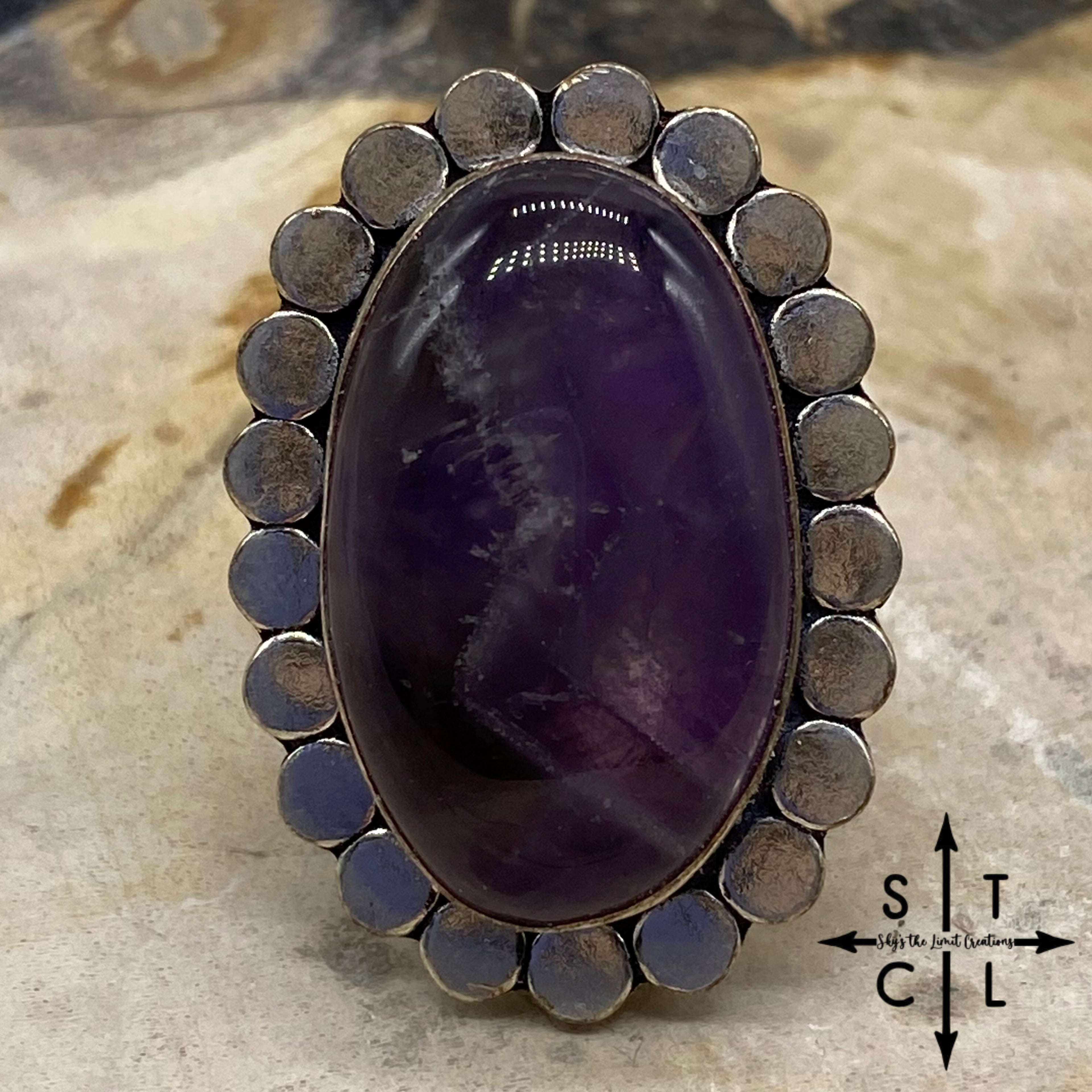 Purple Oblong Amethyst Natural Stone Adjustable Ring