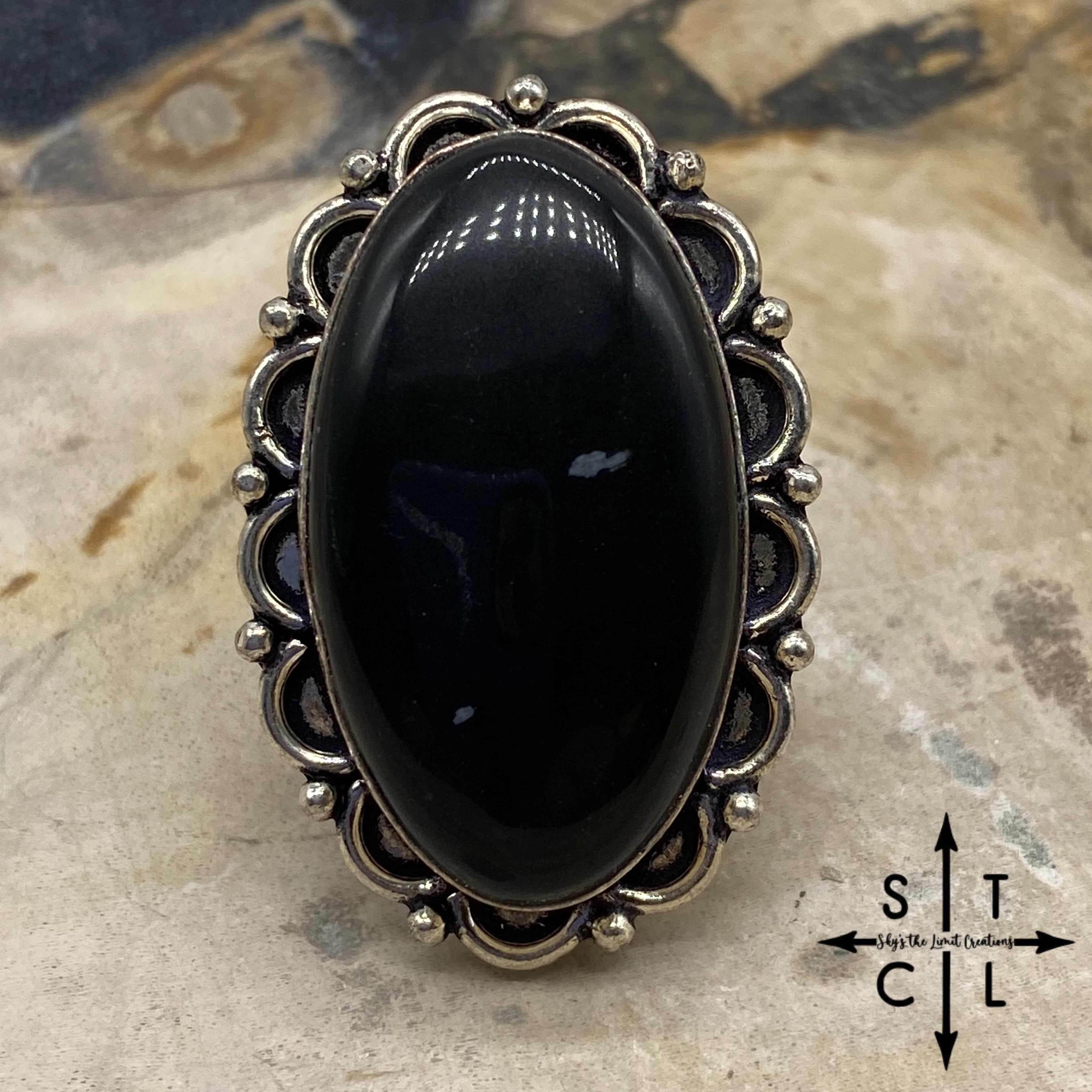 Black Onyx Oblong Natural Stone Adjustable Ring