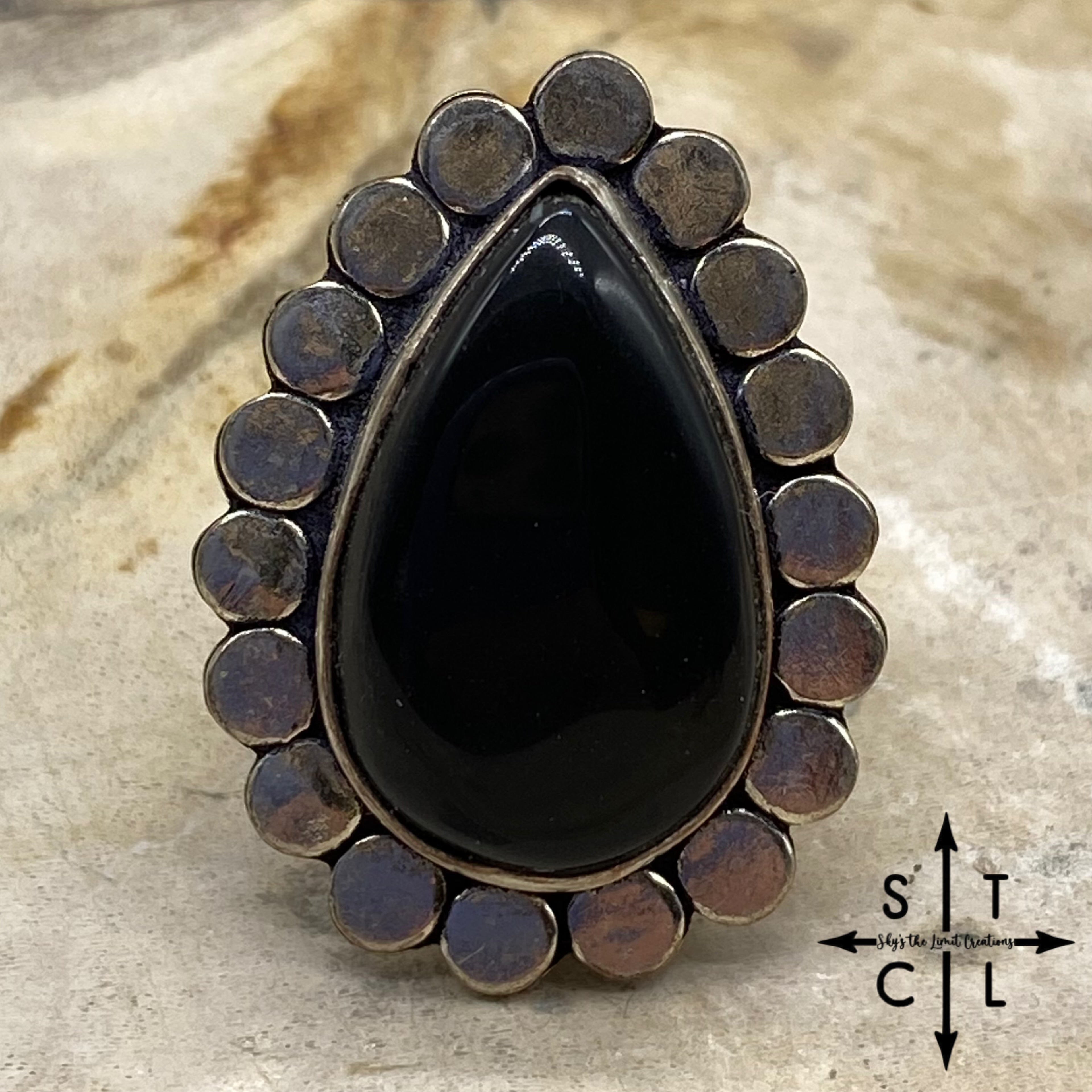 Black Onyx Teardrop Natural Stone Adjustable Ring