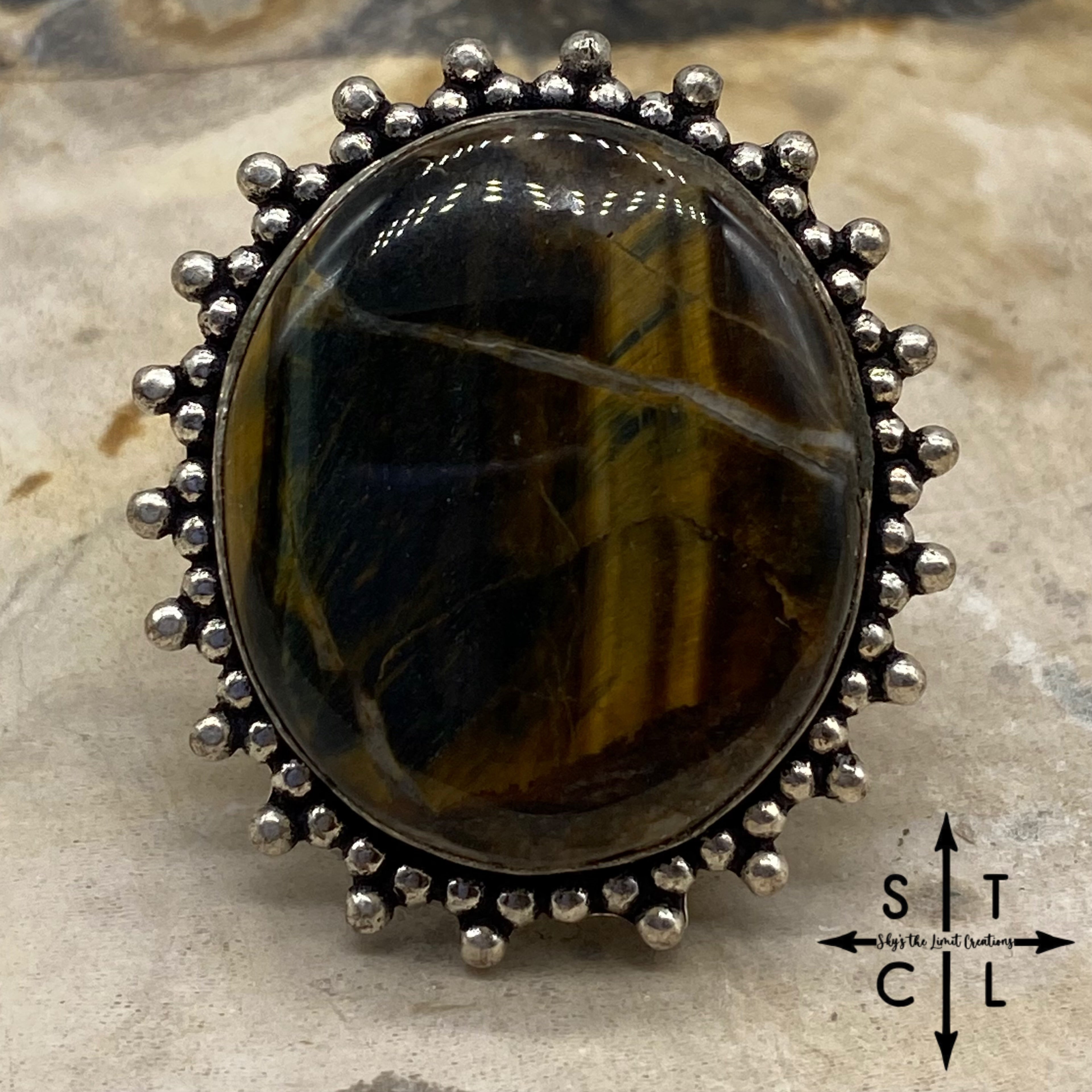 Tigers Eye Round Natural Stone Adjustable Ring