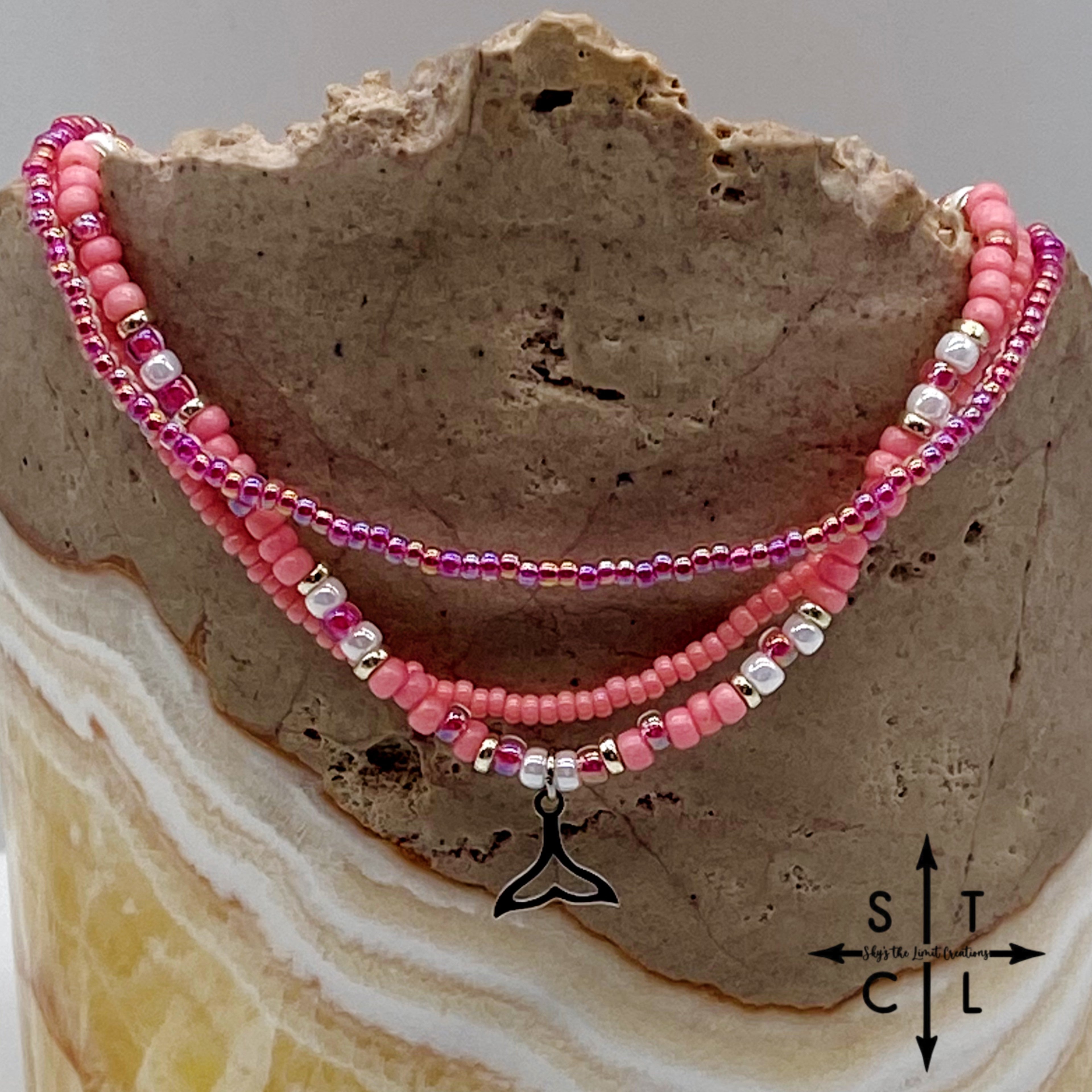 Pink Hot Pink Pearl White Silver Stretchy Anklet