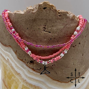 Pink Hot Pink Pearl White Silver Stretchy Anklet