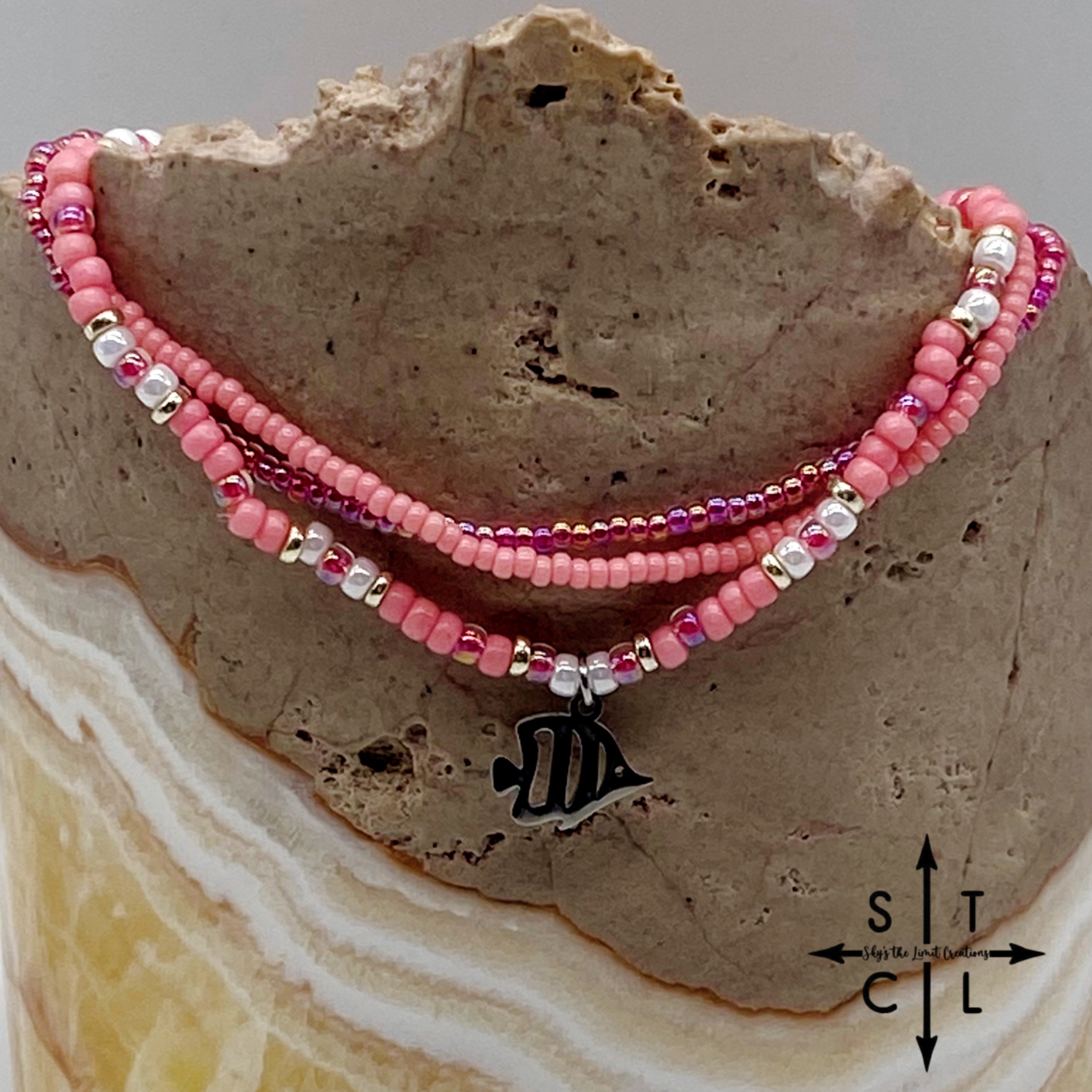 Pink Hot Pink Pearl White Silver Stretchy Anklet