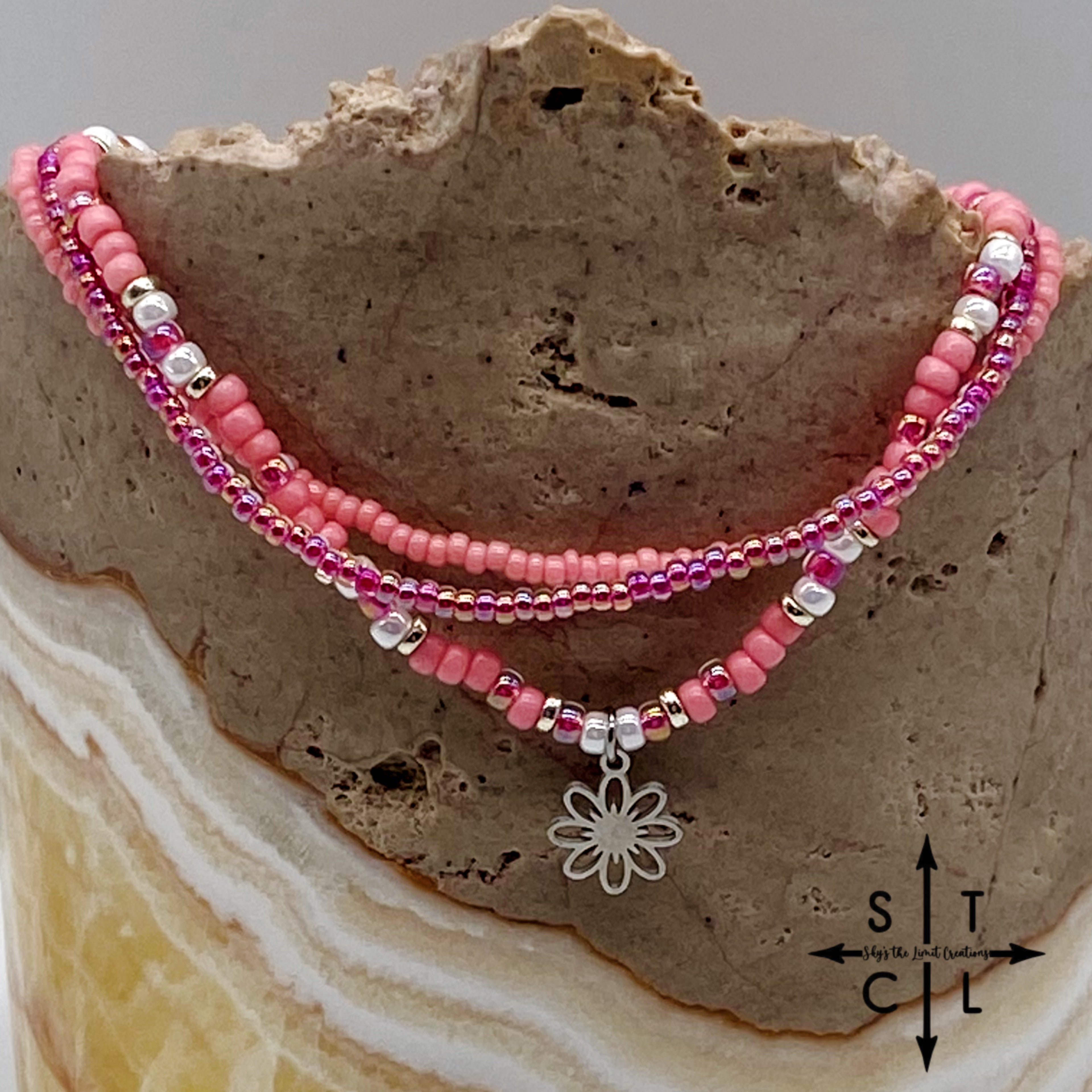 Pink Hot Pink Pearl White Silver Stretchy Anklet
