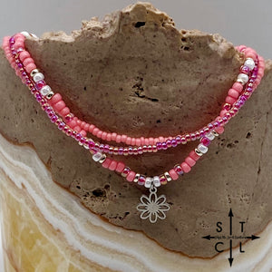Pink Hot Pink Pearl White Silver Stretchy Anklet