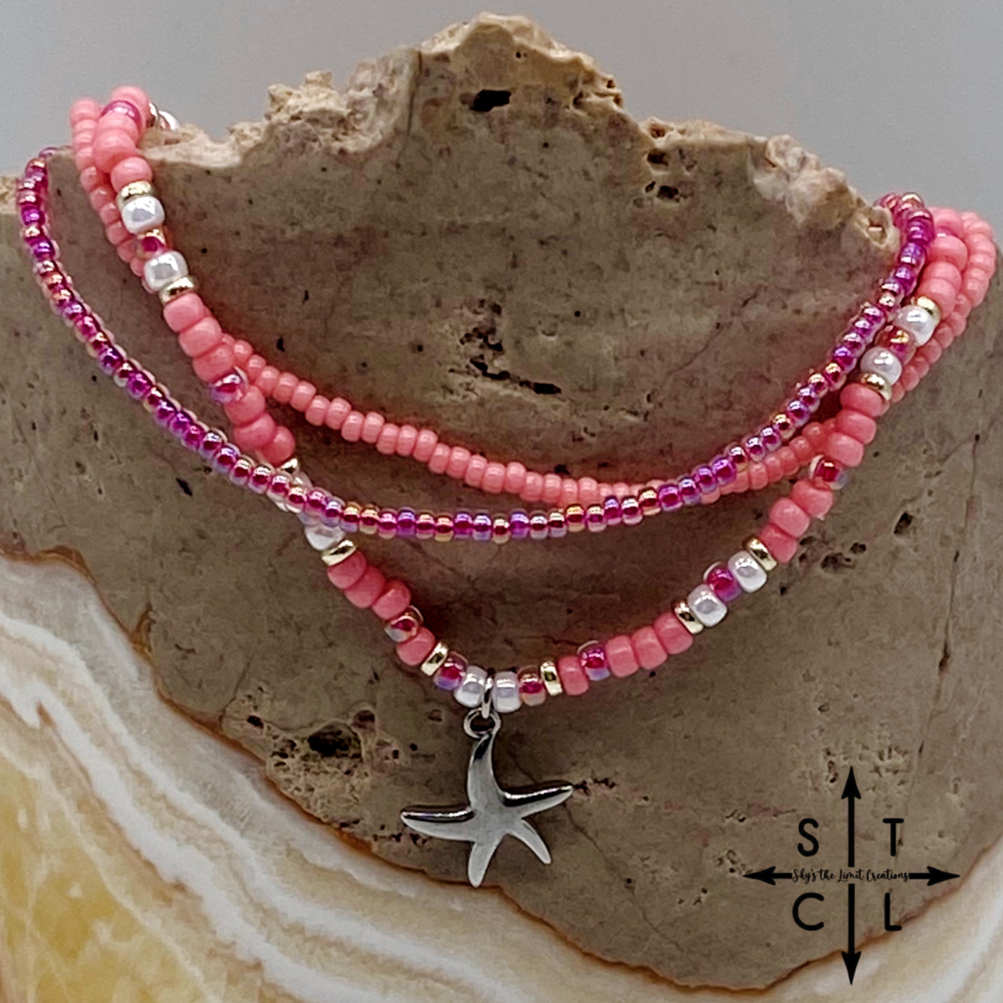 Pink Hot Pink Pearl White Silver Stretchy Anklet