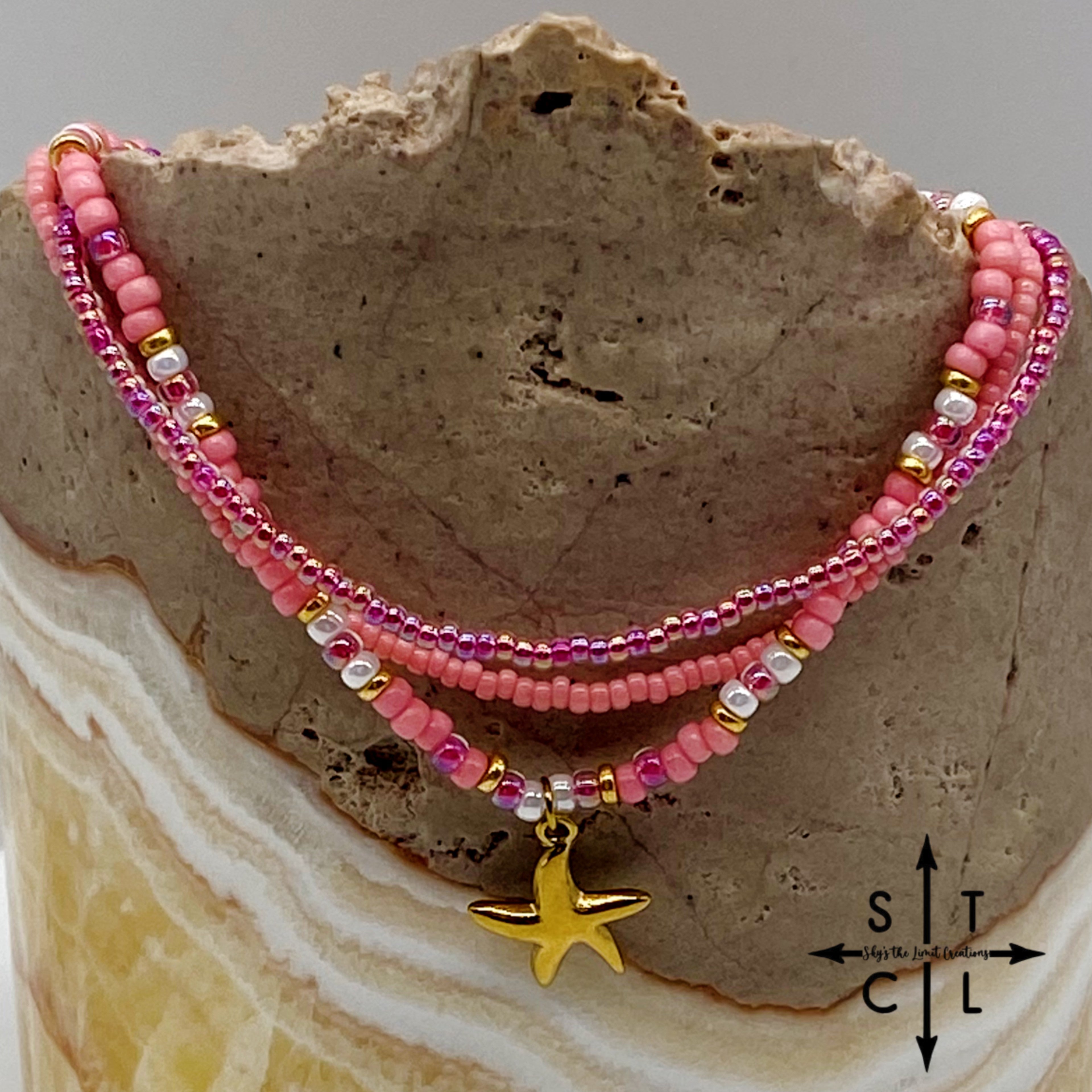 Pink Hot Pink Pearl White Gold Stretchy Anklet